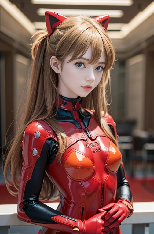(​masterpiece:1.4、top-quality)、(intricate detailes)、Unity8k wallpapers、ultra-detailliert、Beautiful and mysterious、detailed background、realisitic、solo、Perfectly detailed face、Detailed blue eyes、ighly detailed、red blush、hair adornments、Chignon mahogany hair、(blonde  hair)、Plug Suit 02,Shikinami Asuka Langley、evangerion、Looking at the camera、facing front、Cute  s、full body suits、black backgrounds, big breast, hard nipples