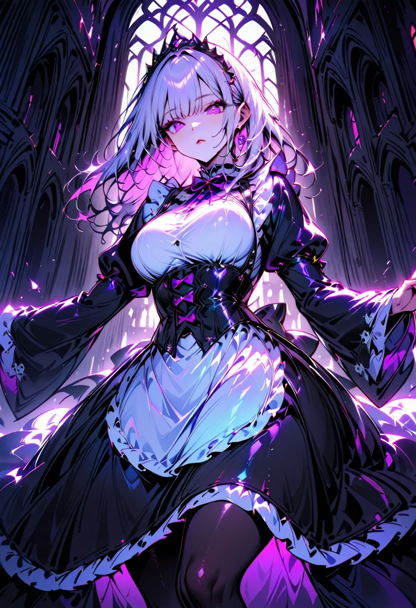 Young beautiful woman,(Best Quality,Extremely detailed depiction, Incredibly Absurd Hi-Res, anatomically accurate depiction ),(Black and white gothic maid outfit,Maid Skirt,corset,Black tights),eyelash,(Silver Hair,Purple Eyes,Eyes half closed:1.3,Sulky look:1.3,Large Breasts,Black lips:1.3,Heavy makeup,Shiny skin),Full body image:1.3,background:Castle,Bright atmosphere,Pose to welcome guests, dramatic lighting,