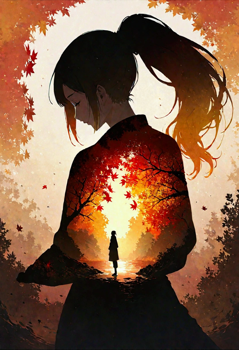 Silhouette Art,Autumn leaves pattern on woman silhouette isolated on white background,(female silhouette: kimono: In the same way: Long ponytail:  dynamic poses ),女性のシルエットにのみAutumn leaves patternを描く.,break,Autumn leaves pattern: Yellow and orange gradient: Overlapping transparent autumn leaves: Overlapping Layers: Vibrant colors: Sparkling,break,Vector art, I draw the light up and fall leaves in very light colors on a white background,(masterpiece:1.3),(Best Quality:1.4),(Super detailed:1.5)Autumn leaves projected from the light up are reflected on the surface of the river ,High resolution,Extremely detailed,Unity 8K Wallpaper