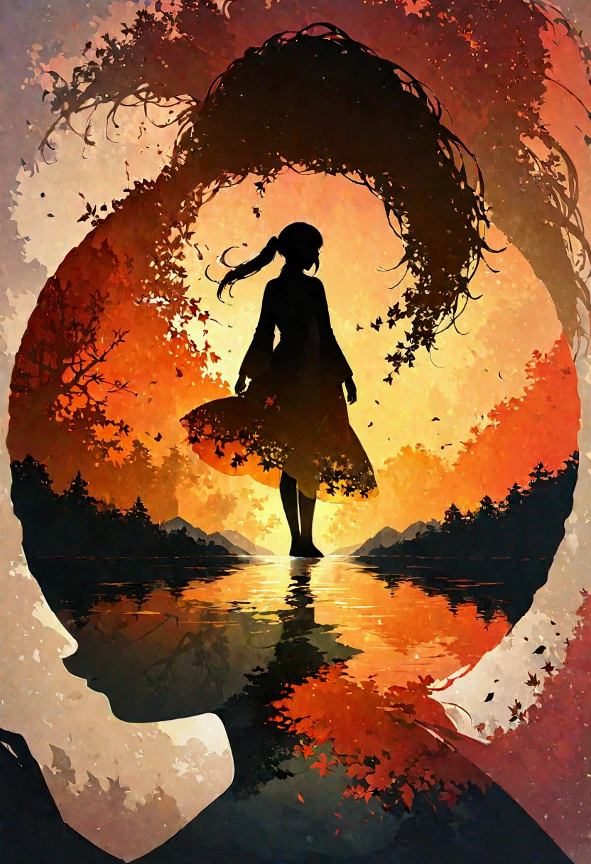 Silhouette Art,Autumn leaves pattern on woman silhouette isolated on white background,(female silhouette: kimono: In the same way: Long ponytail:  dynamic poses ),女性のシルエットにのみAutumn leaves patternを描く.,break,Autumn leaves pattern: Yellow and orange gradient: Overlapping transparent autumn leaves: Overlapping Layers: Vibrant colors: Sparkling,break,Vector art, I draw the light up and fall leaves in very light colors on a white background,(masterpiece:1.3),(Best Quality:1.4),(Super detailed:1.5)Autumn leaves projected from the light up are reflected on the surface of the river ,High resolution,Extremely detailed,Unity 8K Wallpaper