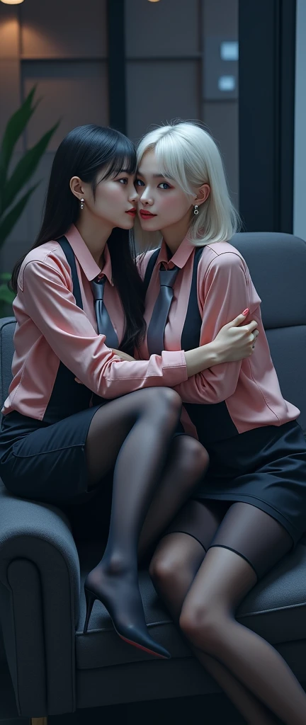 two ladies having sex in a chair with a female coworker taking care of them, cunnilingus, oral, 2girls, multiple girls, yuri, pink hair