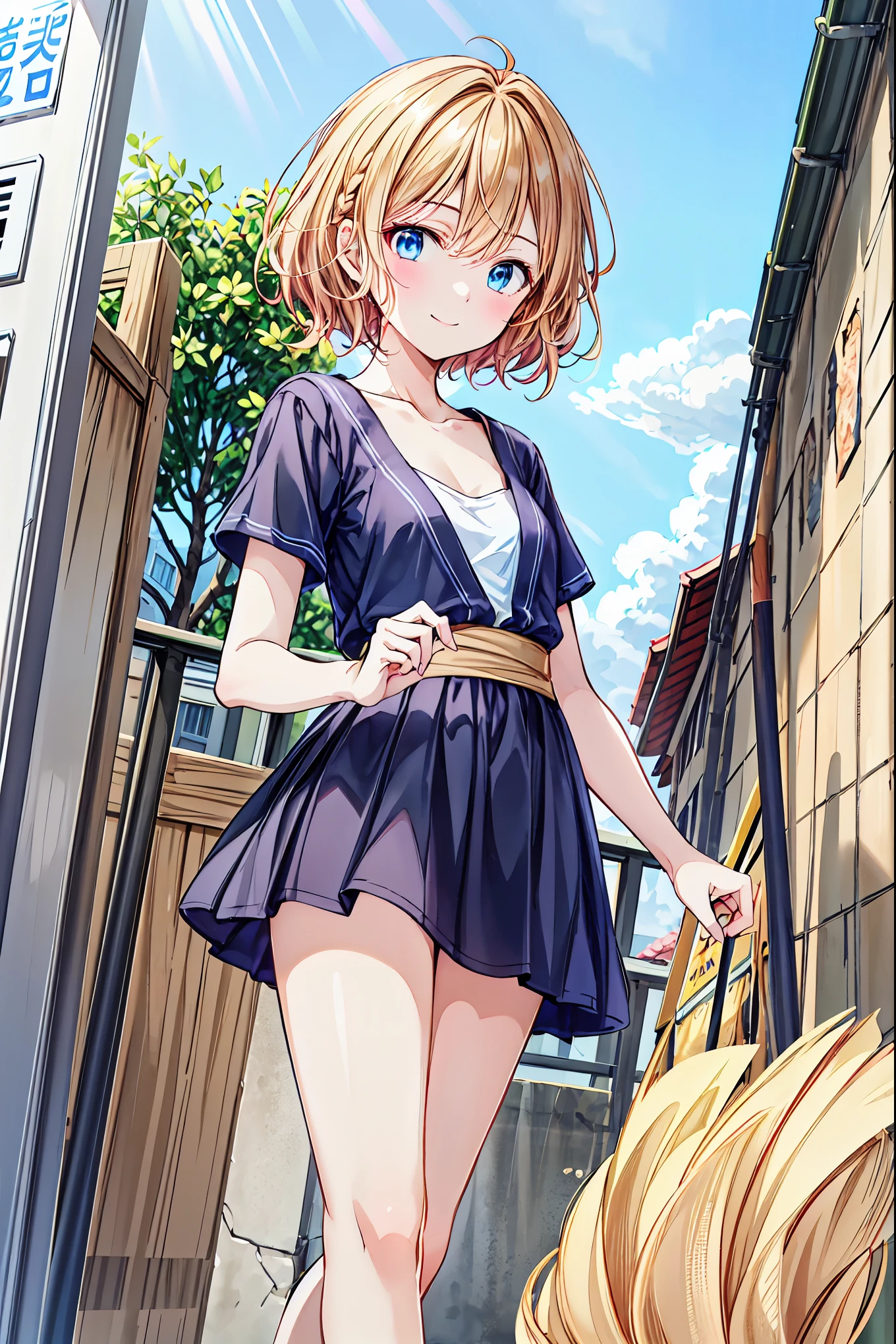 （ cute girl :1.3）、 smile,Summer atmosphere、Plain T-shirt、Brown Hair、　(3)，blue sky，Small breasts， flat chest，((Redeem)), ( very detailed), (High-definition CG synthesis 8K wallpaper), 高いly detailed,   high-resolution RAW color photo ,  professional photography,   depth of border written ,Brown Hair， shortcut ，Messy Hair，Short braided hair，Neat，Slender beauty，Hall々A positive attitude，Small breasts，Beautiful legs，Her enchanting grey-blue eyes shine like stars，Vibrant colors, beautiful eyes,繊細なsmile, textured skin,The best品質、The best, gentle and beautiful woman , anime style､