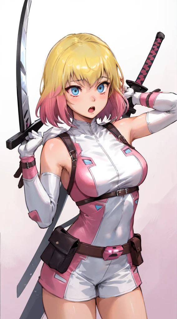 Gwenpool,  1 girl , arms, Blonde,  multi colored hair , Alone, blue eyes, sword, Pouch, Superhero, short hair, Gradient Hair,  open your mouth, belt,  two tone hair, Pink Hair, chest, gloves, belt Pouch