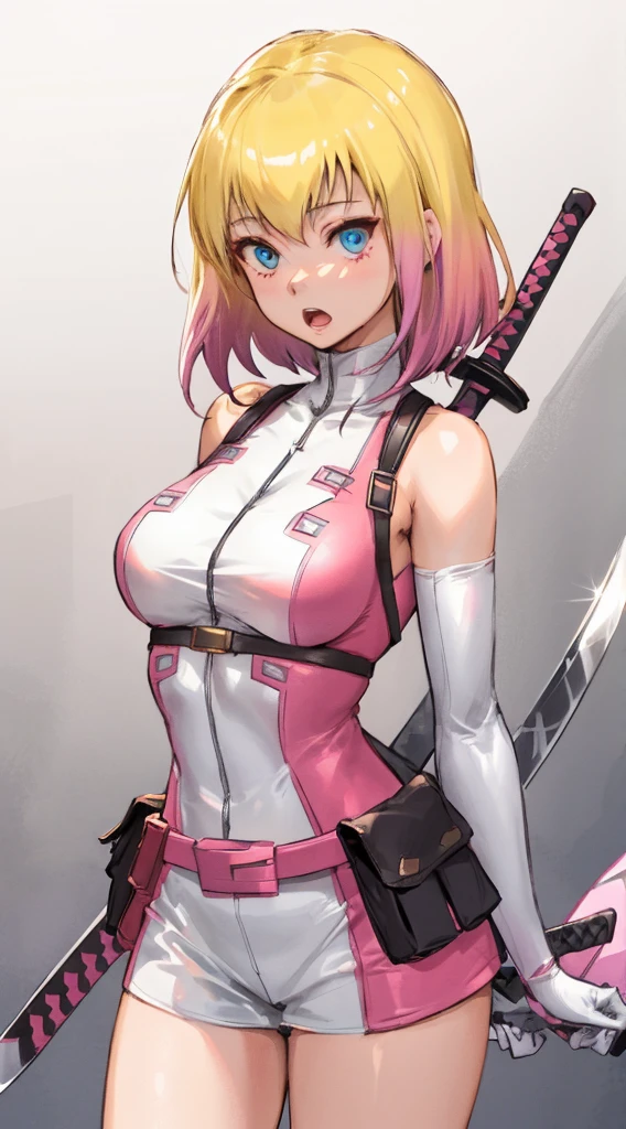 Gwenpool,  1 girl , arms, Blonde,  multi colored hair , Alone, blue eyes, sword, Pouch, Superhero, short hair, Gradient Hair,  open your mouth, belt,  two tone hair, Pink Hair, chest, gloves, belt Pouch