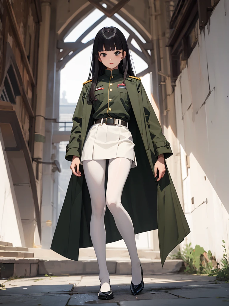 masterpiece, best quality, 1 girl, solo, , flat chest, Perfect Face, beautiful, mai, 1girl, solo, black eyes, black hair, long hair, blunt bangs, straight hair, female , uniform, military, military uniform, green coat, brown belt,white background, blunt bangs, straight hair, nlack pantyhose. looking through legs, full body