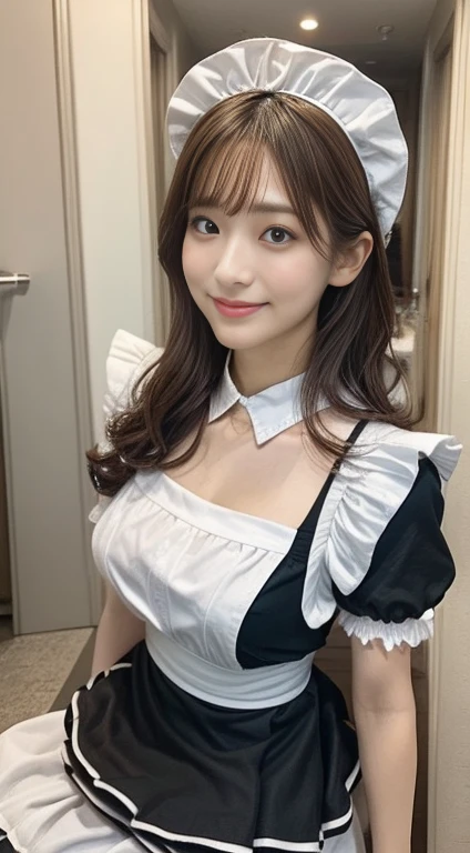 (One Girl), Brown Hair,  amazing face and eyes , Pink Eyes, Charming smile, (Frill Maid Cafe Costume,  pleated mini skirt :1.5), ( Wide Open Maid Cafe Costume:1.2), Exposed breasts, ( very pretty girls ), Brown Hair, Stylish hair accessories, (Best Quality:1.4), (Ultra-detailed), ( 8K Wallpaper with Highly Detailed CG ), Advanced Details,  high quality RAW color photo,  professional photography,  Border Depth, (View from below),