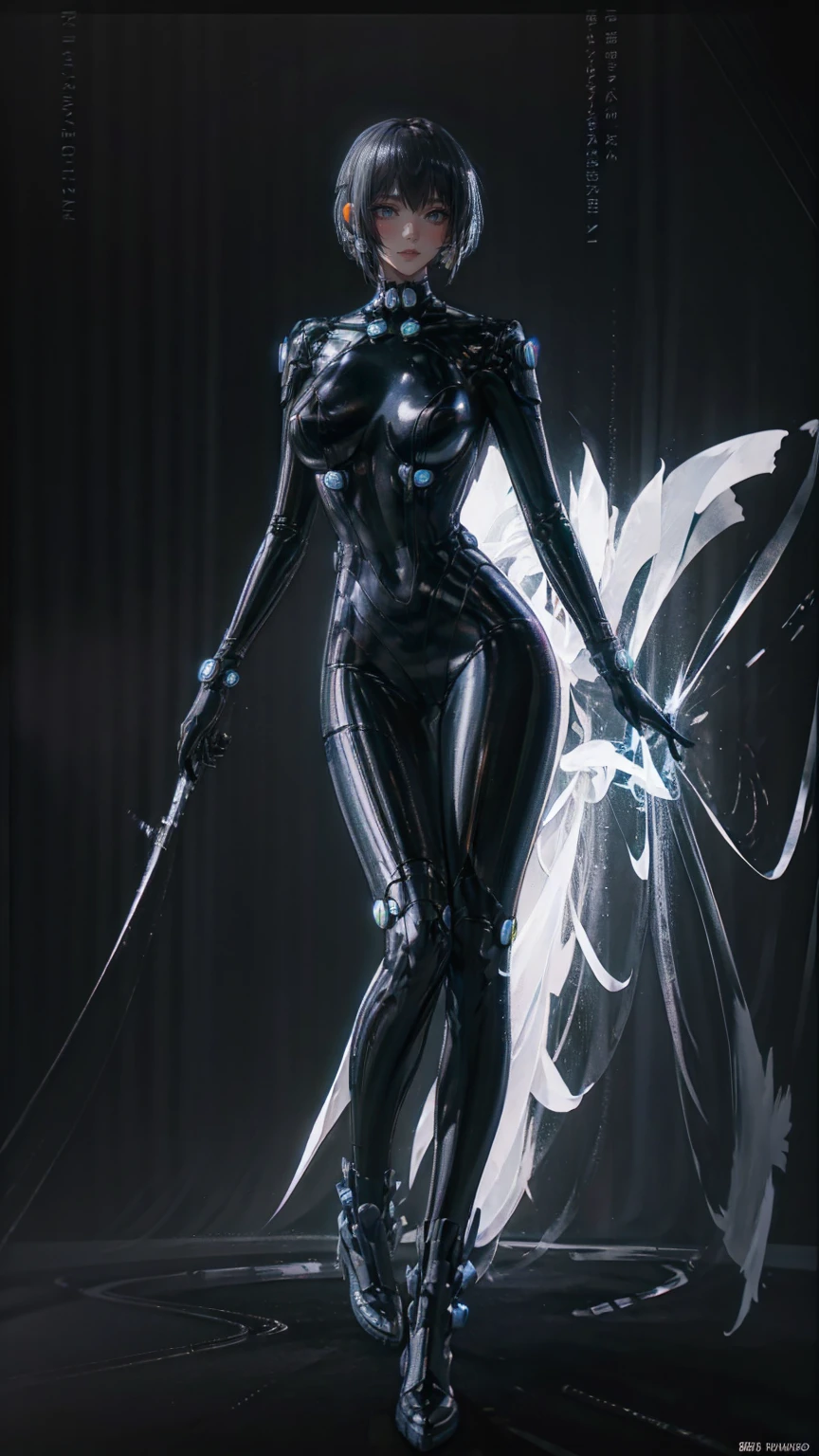 、The whole body is visible、Full body view、Head to toe drawing、beautiful, Shiny futuristic woman, Complex Circuits, Neon-like colors,   cyberpunk style  , Advanced Technology,   digital art, Advanced Details, Realistic,  dramatic lighting,   dynamic poses  , Mysterious, Mysterious, Attractive
