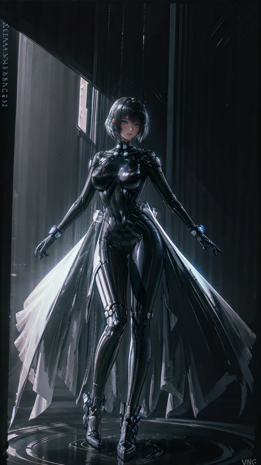 、The whole body is visible、Full body view、Head to toe drawing、beautiful, Shiny futuristic woman, Complex Circuits, Neon-like colors,   cyberpunk style  , Advanced Technology,   digital art, Advanced Details, Realistic,  dramatic lighting,   dynamic poses  , Mysterious, Mysterious, Attractive
