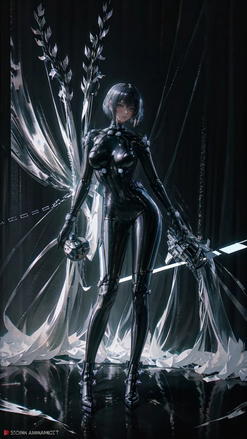 、The whole body is visible、Full body view、Head to toe drawing、beautiful, Shiny futuristic woman, Complex Circuits, Neon-like colors,   cyberpunk style  , Advanced Technology,   digital art, Advanced Details, Realistic,  dramatic lighting,   dynamic poses  , Mysterious, Mysterious, Attractive
