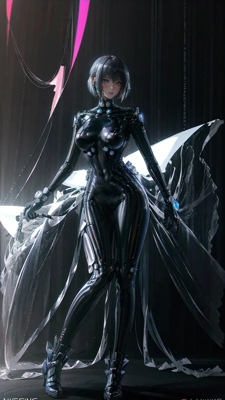 、The whole body is visible、Full body view、Head to toe drawing、beautiful, Shiny futuristic woman, Complex Circuits, Neon-like colors,   cyberpunk style  , Advanced Technology,   digital art, Advanced Details, Realistic,  dramatic lighting,   dynamic poses  , Mysterious, Mysterious, Attractive
