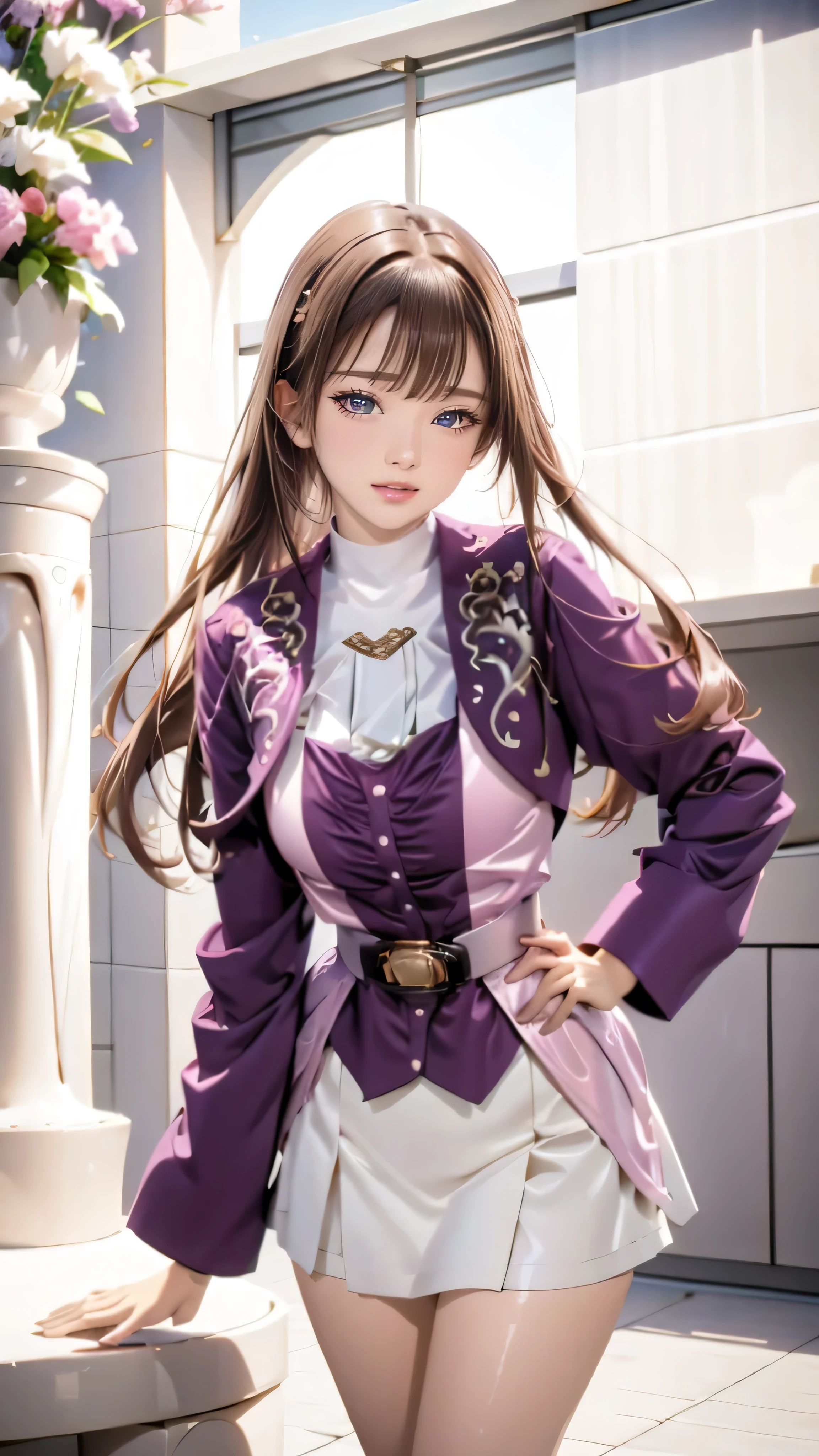 (Extremely detailed CG), (Best Quality), Front View, One Woman, Perfect Face,  Shiny skin, Shiny skin, Wide Hips, Narrow waist,  May, Purple Bolero Jacket,White Skirt,  STRAIGHT HAIR, Long sleeve, Pink Belt, Please open your mouth a little, Brown Hair, 