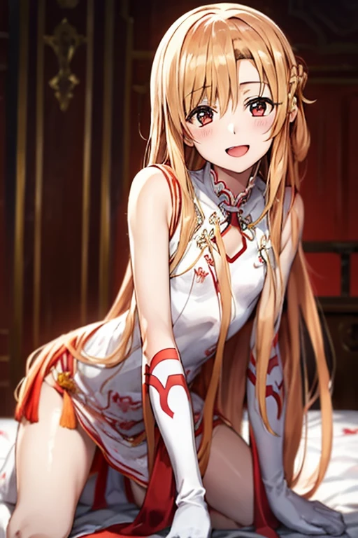 ((Best Quality)), ((masterpiece)), (be familiar with), Perfect Face, indoor, bedroom, Watching the audience,
One woman, Yuuki Asuna,
Open Mouth, Ecstatic expression, blush, smile,
Small breasts,  flat chest, , , child, Girl,
Long Hair, Long Hair,
Leg spread,