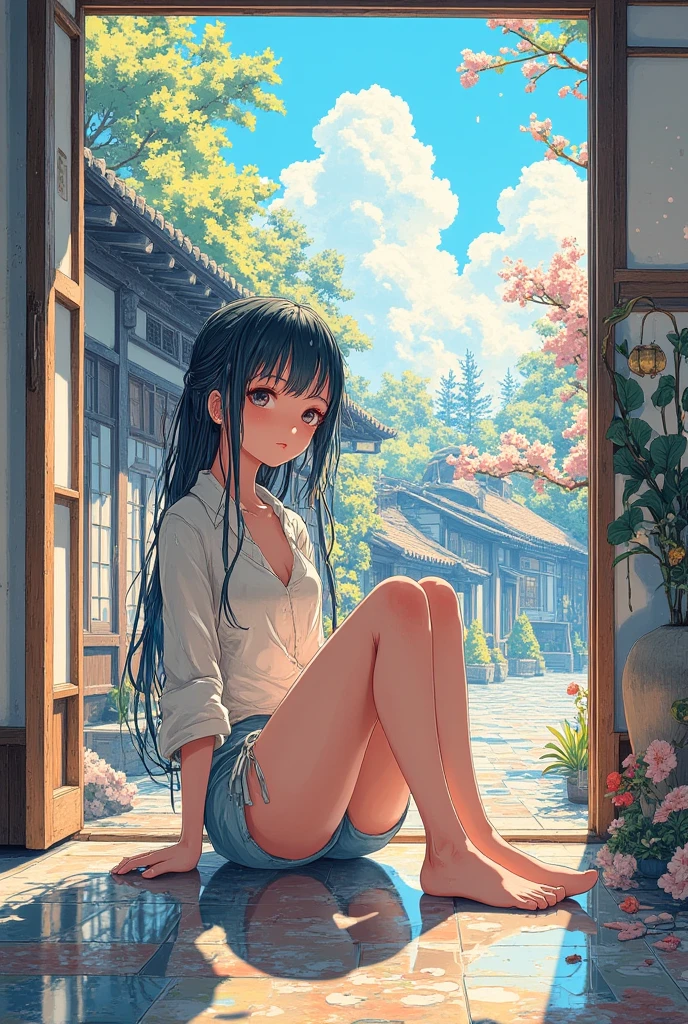 masterpiece , 1girl, complex art, ultra detailed illsutration,A barefoot woman sits on the floor of a traditional Japanese room, gazing softly at the viewer.she looks at us, she is in front of us,She is framed by the open shoji doors, beyond which the intense summer sunlight streams in.she open legs and shows her foot against us. The strong sunlight creates a lens flare and brilliant glare, making the entire scene almost blindingly radiant. A wind chime sways in the breeze, its soft ringing blending with the distant hum of cicadas. She wears a light shirt and shorts, capturing a tranquil, fleeting moment of a hot summer day,(1980s anime style with perfect light detail),volumetric light, photon map lighting in room