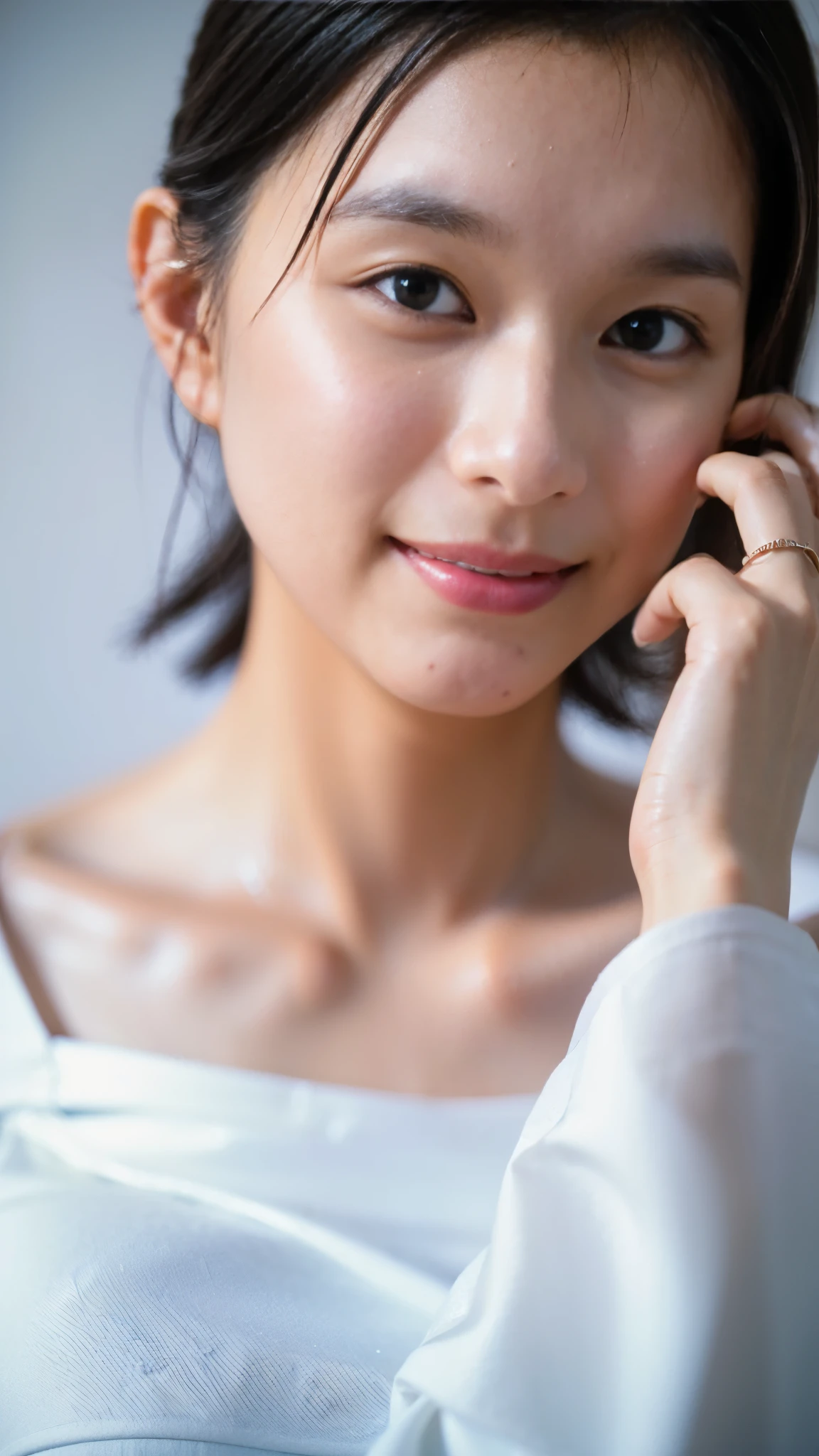 Best Quality,masterpiece,Ultra-high resolution,High-definition RAW color photos,Professional photos,Natural skin texture,Fine skin,Hyperrealism, Japanese Woman ,Short black hair,(Cute smile,Beautiful white skin,Around town,white off-shoulder chiffon dress,Cheek resting on hand,(gigantic breast,face focus,Close-up of face))