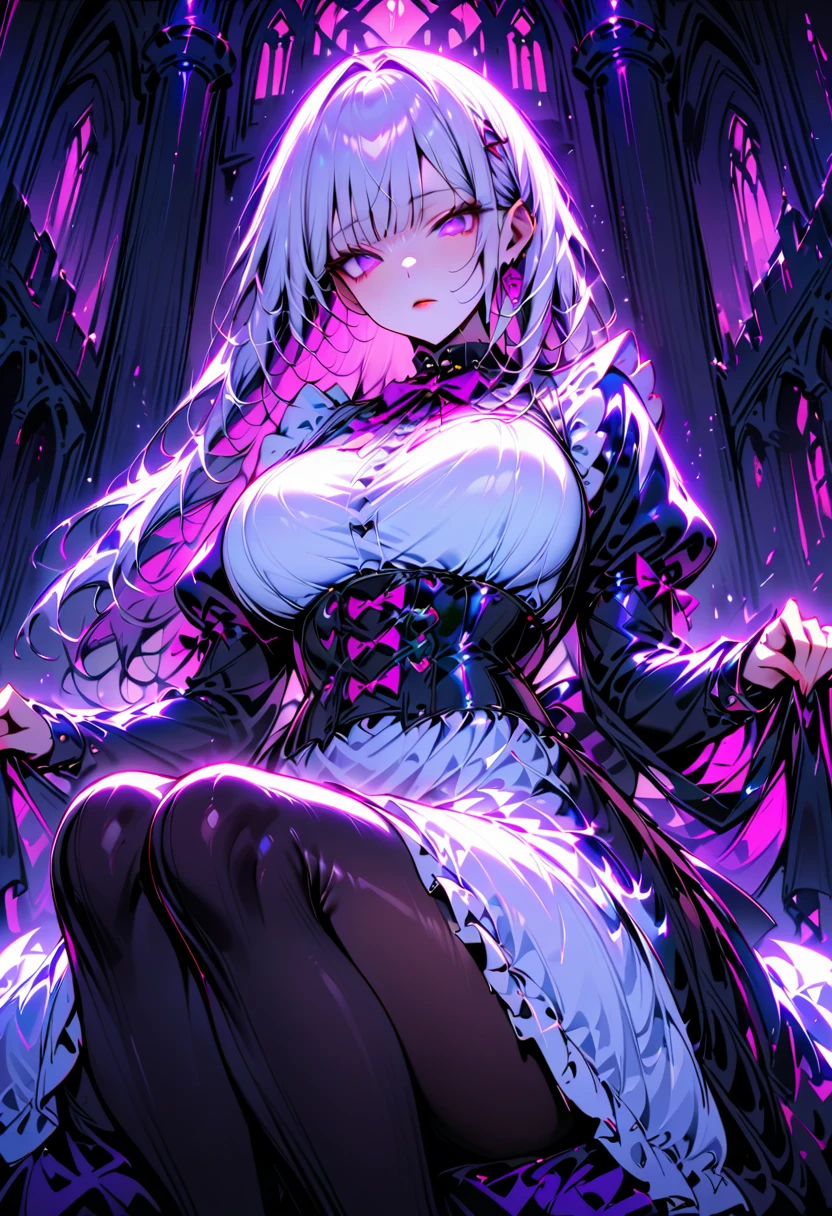 Young beautiful woman,(Best Quality,Extremely detailed depiction, Incredibly Absurd Hi-Res, anatomically accurate depiction ),(Black and white gothic maid outfit,Maid Skirt,corset,Black tights,Black boots),(Silver Hair,Purple Eyes,Eyes half closed:1.3,Sulky look:1.3,Black lips:1.5,Heavy makeup,Large Breasts,Shiny skin),Full body image:1.3,Bottom view:1.5,background:Castle,Bright atmosphere,Pose to welcome guests, dramatic lighting,