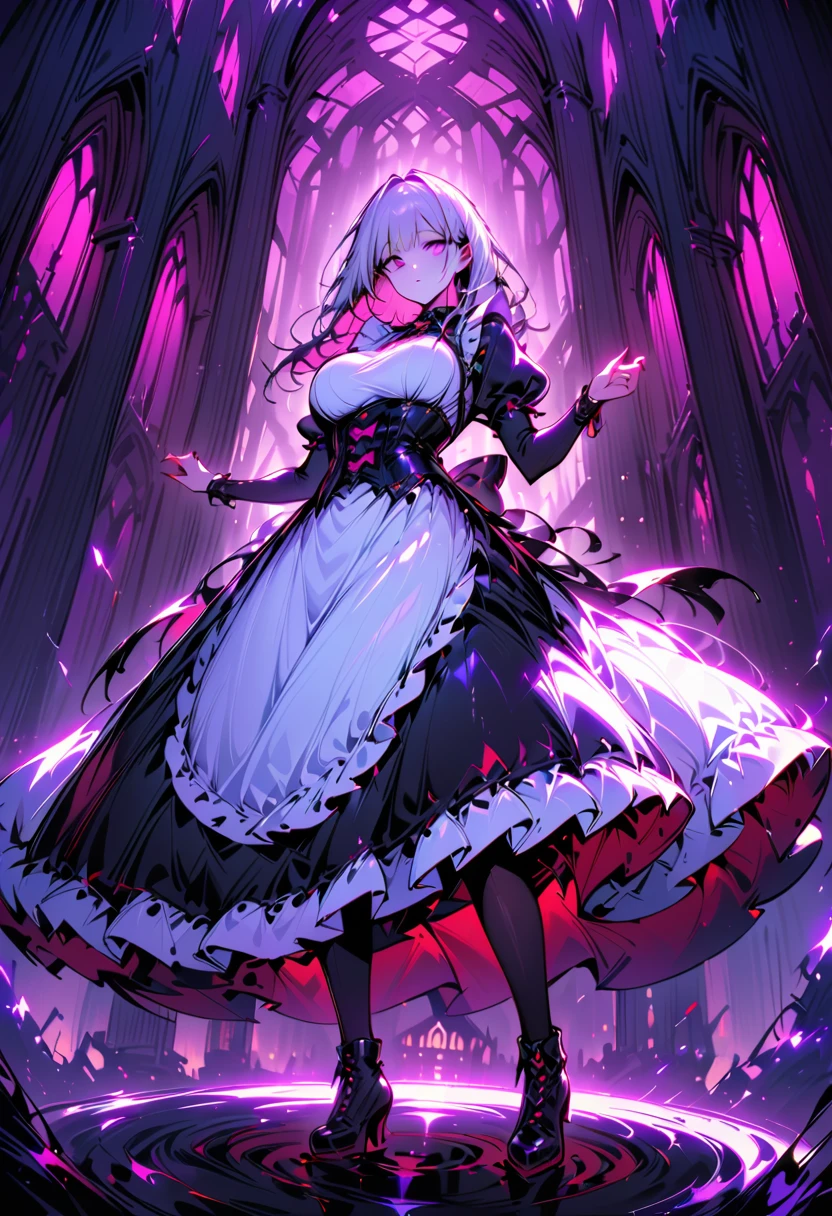 Young beautiful woman,(Best Quality,Extremely detailed depiction, Incredibly Absurd Hi-Res, anatomically accurate depiction ),(Black and white gothic maid outfit,Maid Skirt,corset,Black tights,Black boots),(Silver Hair,Purple Eyes,Eyes half closed:1.3,Sulky look:1.3,Black lips:1.5,Heavy makeup,Large Breasts,Shiny skin),Full body image:1.3,Bottom view:1.5,background:Castle,Bright atmosphere,Pose to welcome guests, dramatic lighting,