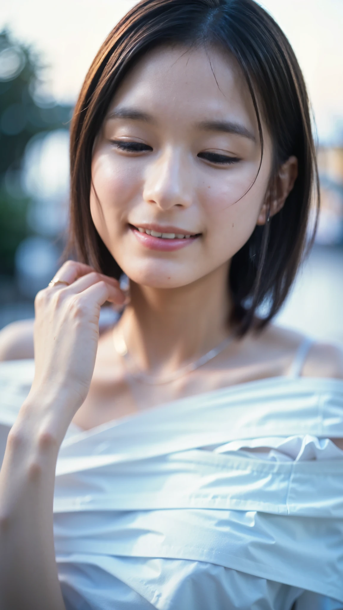 Best Quality,masterpiece,Ultra-high resolution,High-definition RAW color photos,Professional photos,Natural skin texture,Fine skin,Hyperrealism, Japanese Woman ,Short black hair,(Cute smile,Beautiful white skin,Around town,white off-shoulder chiffon dress,Close your eyes,(gigantic breast,face focus,Close-up of face))