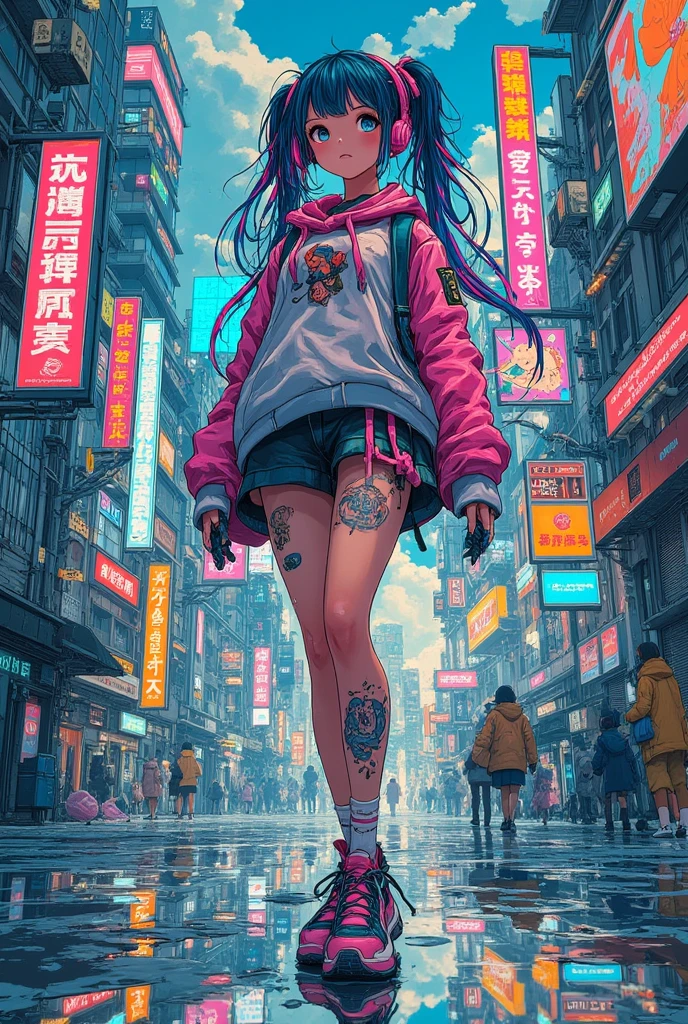 masterpiece , 1girl, complex art, ultra detailed illsutration, mecha,A captivating image of a cyberpunk-style woman with neon hair, glowing tattoos, and futuristic clothing, standing in a rain-soaked street under bright neon signs, reflecting the cyberpunk city around her.