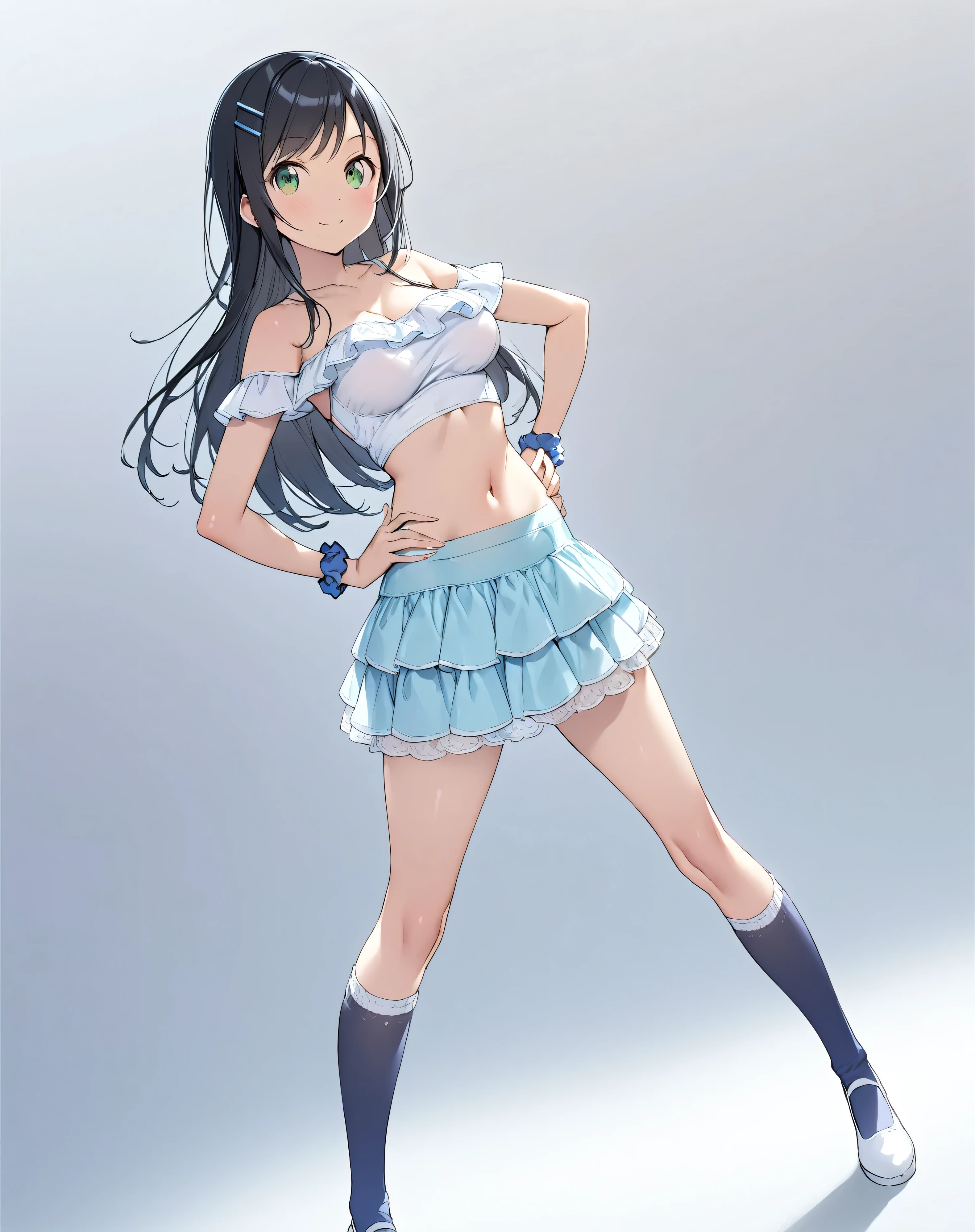 (masterpiece)、(Very high quality)、(Ultra-high resolution)、(Ultra-detailed)、(Intricate details)、4K、8k、
( high contrast:1)、
(Head to Toe:1.5、Full body view:1.5)、In the center:1.5、
(Aragaki Ayase)、
(so beautiful:0.9)、(Very cute:0.9)、
Round face、(Brighten the face:0.3)、
(Long straight black hair)、Long Hair、bangs、(Hair Clip)、
(Detailed face:0.7)、(High nose:0.3)、(smile:1.0)、
Beautiful breasts、Round Breasts、
Five Perfect Fingers、Big green eyes、
Delicate and smooth skin、Beautiful Skin、 textured skin、
(White off-the-shoulder top)、(Pink ruffles on the hem of the top)、
(Blue Mini Tight Skirt)、(Pink frills on the hem of a mini tight skirt)、Blue knee-high socks、White pumps、
Blue scrunchie on wrist、
( exposes bare belly)、I can see her blue panties with white frills、
Delicate fabric、
((( Leaning Forward :0.5)))、
(Studio Lighting:0.2),
(Wide lighting:0.2),
Slender body,
medium breasts,
Sublime Heights,
Hands on Your Hips ,
Charge,
Dutch Angle,
( solo focus :1.0), (standing:1.5),
(Full Body Shot:1.5),
( Highlighting Her Muscles ),
(No background:1.5),