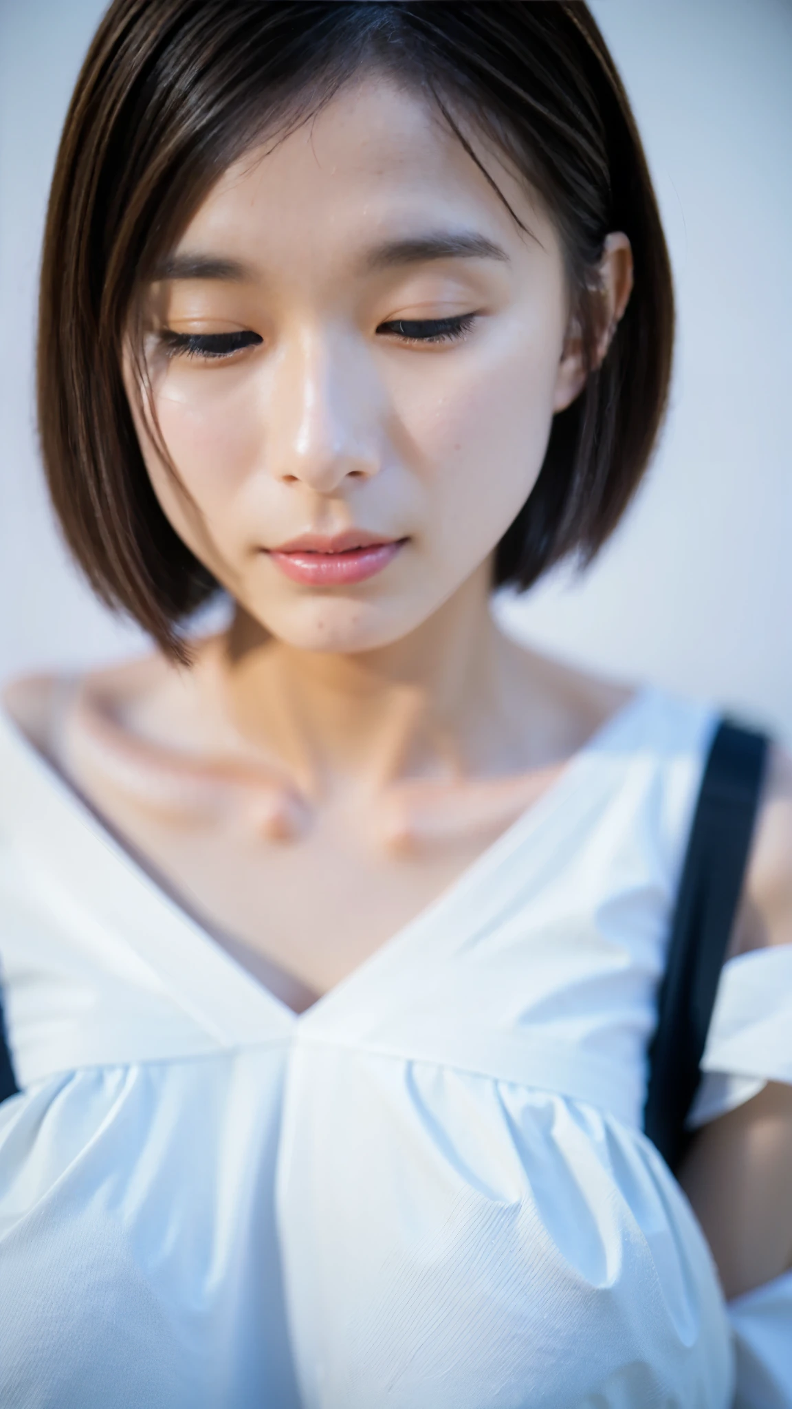 Best Quality,masterpiece,Ultra-high resolution,High-definition RAW color photos,Professional photos,Natural skin texture,Fine skin,Hyperrealism, Japanese Woman ,Short black hair,(Beautiful white skin,Around town,white off-shoulder chiffon dress,Close your eyes,(gigantic breast,face focus,Close-up of face))