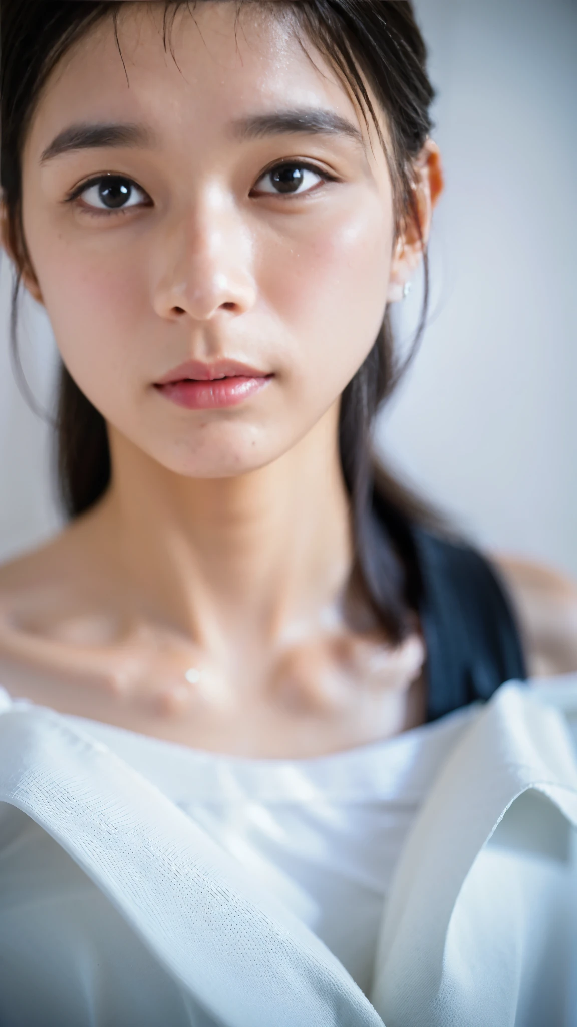 Best Quality,masterpiece,Ultra-high resolution,High-definition RAW color photos,Professional photos,Natural skin texture,Fine skin,Hyperrealism, Japanese Woman ,Black hair chignon,(Beautiful white skin,Around town,white off-shoulder chiffon dress,sad,tears(gigantic breast,face focus,Close-up of face))