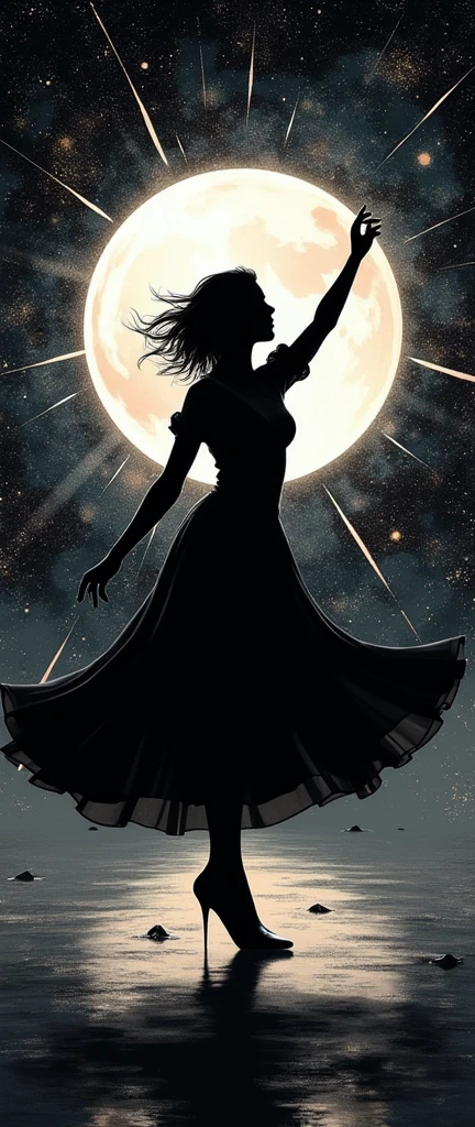 ((amazing_choreography):1.3), ((spinning motion):1.1), ((silhouette_of_female_figure):1.5), ((magical_transformation_sequence):1.2), ((magical stars background):1.1), ((magical floating ribbons):1.1), each stars detailed and rendered with a masterful gouache technique, silhouette art behance, overprint effect, surreal, It gives a magical aura. | Black and white, silhouette art, (woman), ,hourglass figure,((double exposure body):1.3), elegant pose, flowing hair, graceful curves, subtle details, minimalistic background, soft lighting, delicate features, captivating composition, slender silhouette, double exposure effect, artistic interpretation. | (Masterpiece in maximum 16K resolution:1.6), ((darkest_insane_silhouette_illustration):1.2), ((double_exposuire_effect):1.2), (intricate detail:1.4), (extremely insane detail:1.4),(highest quality:1.3),(Hyper_realistic:1.3). | (perfect_pose:1.0), (perfect_fingers:1.0), (perfect_legs:1.0), better_hands, More_Detail.
