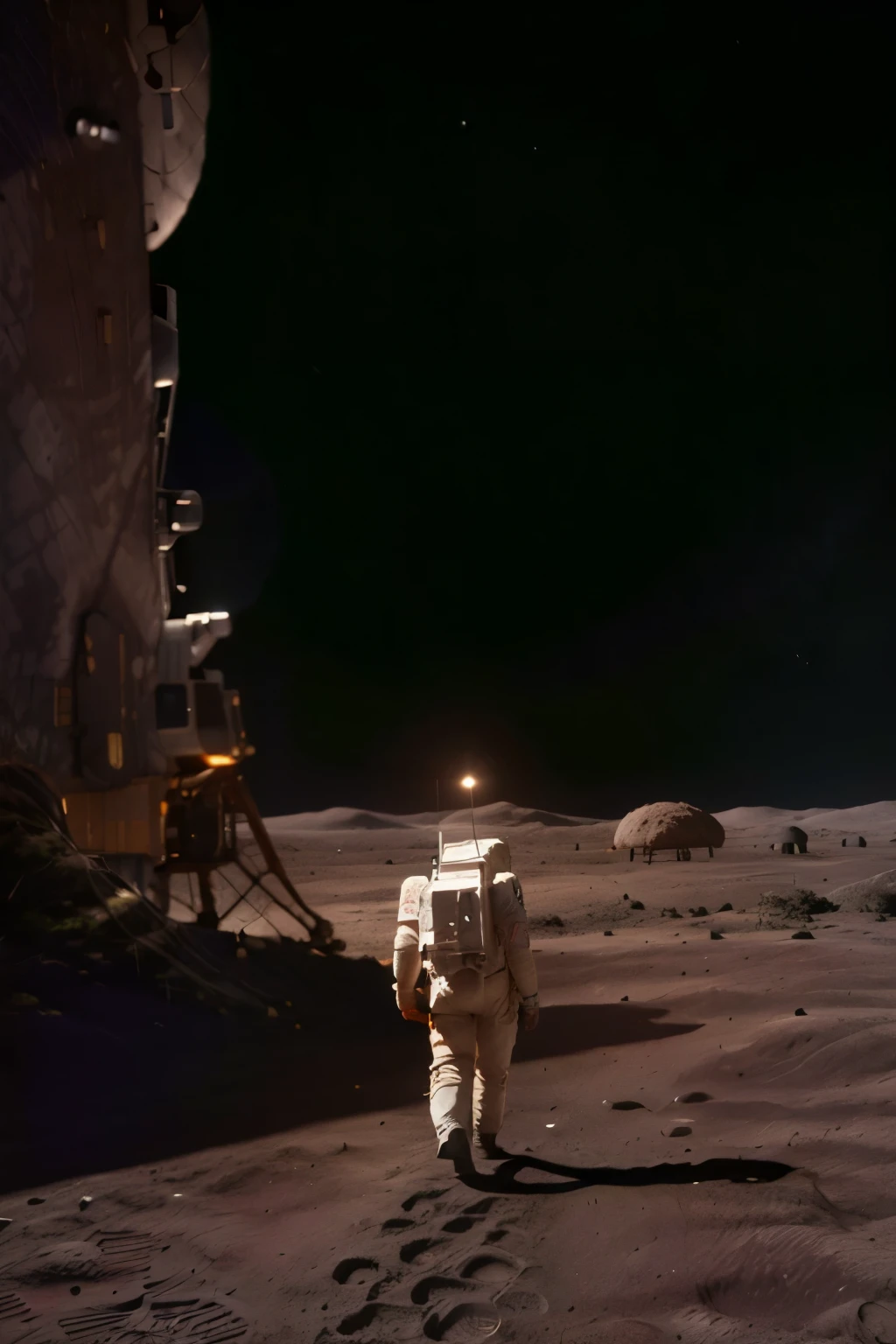 a lunar module landing on the surface of the moon, highly detailed 8k, photorealistic, cinematic lighting, dramatic, epic scale, realistic space shuttle, lunar rover, astronaut walking on the moon, American flag, craters, rocky terrain, Earth visible in the background, dramatic shadows, vivid colors
