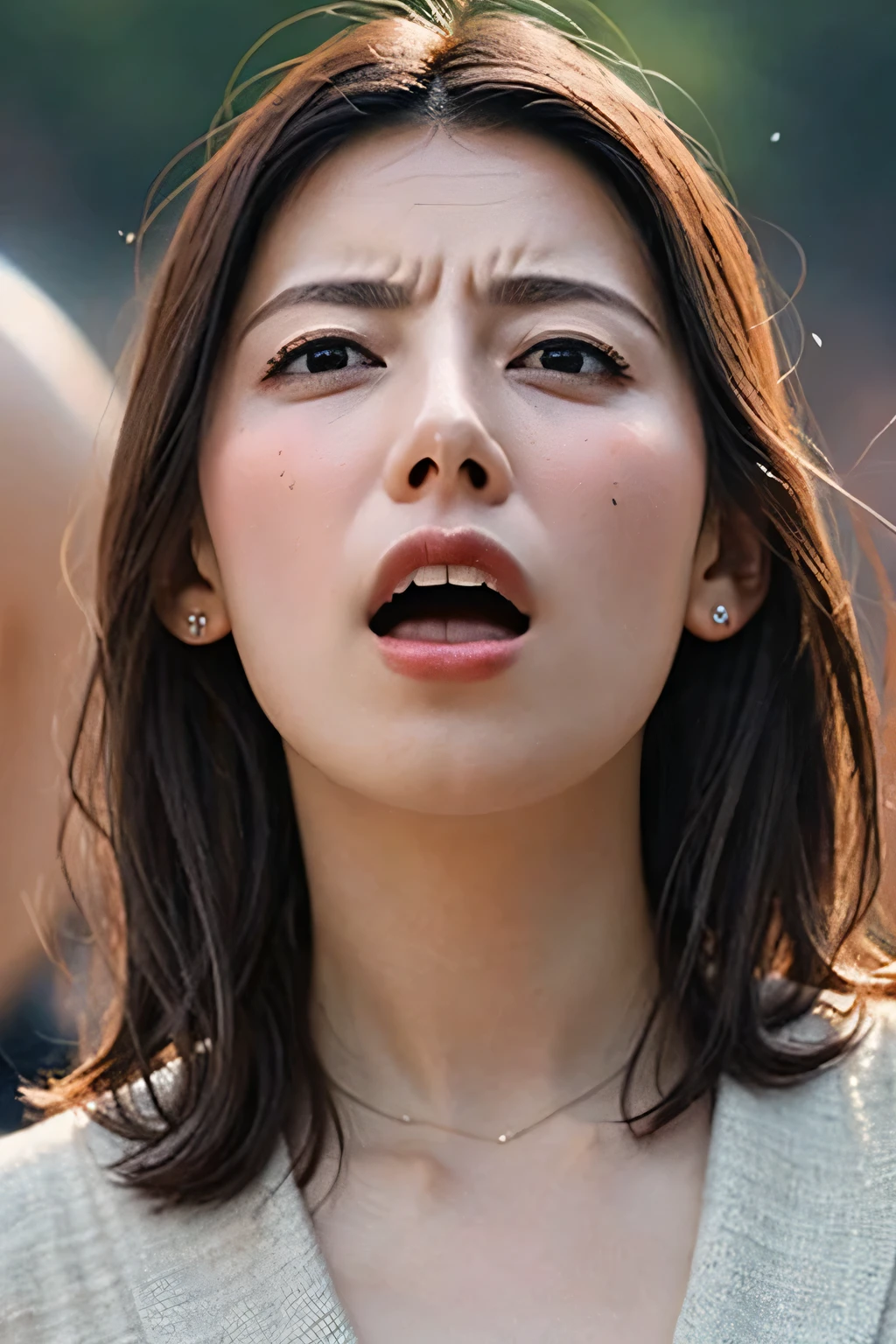 Flying debris,Award-winning photo, very detailed, Edge Orgasm, Women with Open Mouth and Closed Eyes , Sweaty, Glowing Skin、 lighting that highlights shiny sweat{{{Please spread the word }}}, Black Hair 、nsfw,{{{{Crowd of male spectators}}}},(length, Narrow nostrils)、Illumination from below、Frowning, Beautiful Japanese,