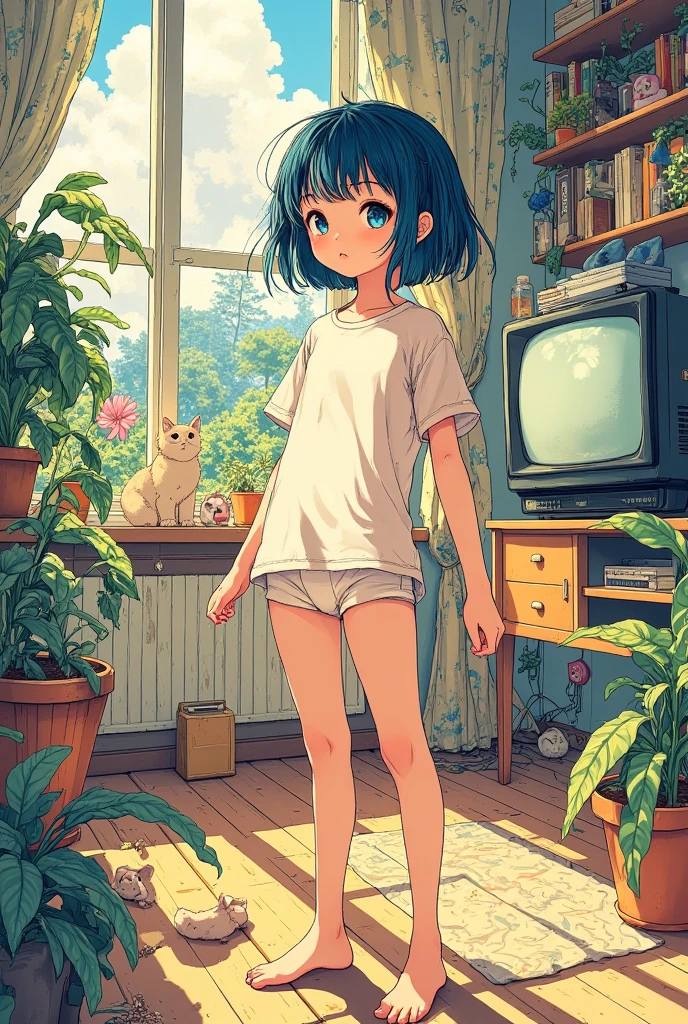 masterpiece , 1girl, complex art, ultra detailed, home art, short cut,bags under eyes, written by hand,(superflat, flat shading, flat color), masterpiece, best quality, bedroom, 1girl, 10yo loli, petite, t-shirt, white panties, bare feet, fight pose, kick, serious, wooden floor, cat sitting on TV, TV in background, morning, summer, warm, green plants, sunlight, vibrant colors, watercolor, 