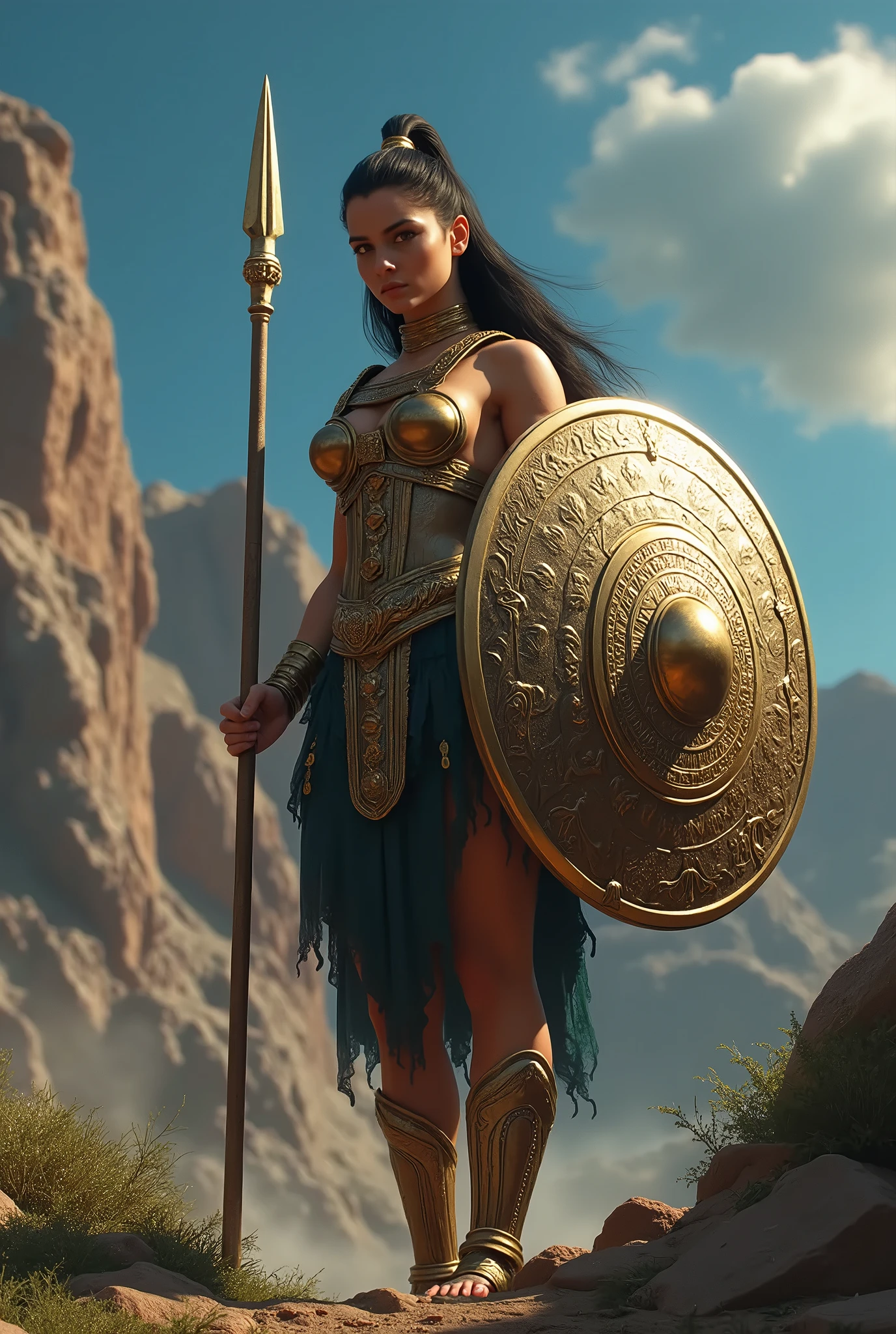 Female sacred fighter, brown eyes, brown hair, fair skin, late 20s years old, stylish and beautiful, serious and friendly, slender, silver breast plate armor, silver corinthian helmet, armed with spear and hoplite round shield, super accurate description of hands, Standing in front of an ancient Greco-Roman temple with a statue of Goddess Athena, epic fantasy art, photorealistic, super high quality, super high detail, masterpiece, 4k, 8k, HDR