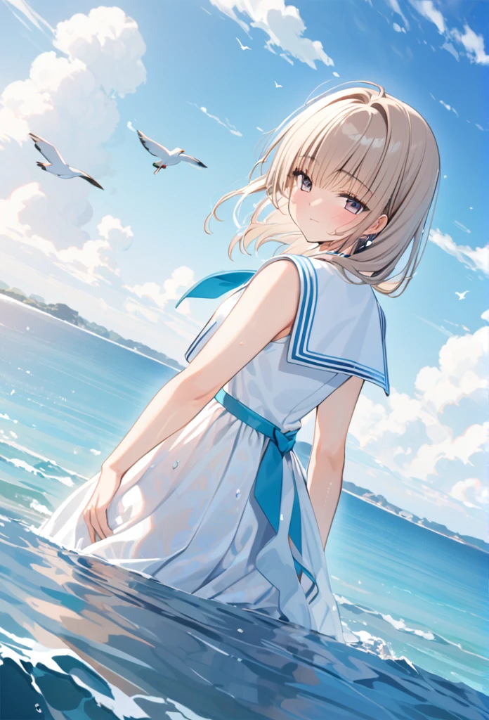 ((masterpiece,Best Quality)), mizunashi akari, uniform, dress, white dress, Have, Sailor collar, Ocean, On the water, null, cloud, Outdoor, bird, Dutch Angle, long dress, Side slits,Mermaid line dress