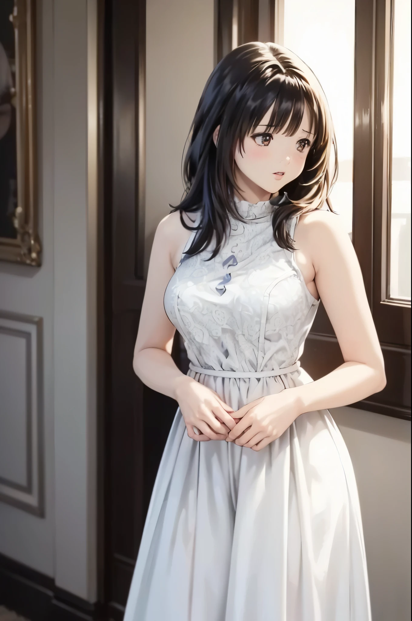 very cute and beautiful girl,(highly detailed beautiful face),(smile),blush,black hair,low twintails,looking at viewer, standing,(white transparent dress),short skirt,exposing thighs,antique hotel bedroom,gorgeous furnitures,ocean view, (best quality,masterpiece),absurdres,highres,ultra-detailed,extremely detailed,32k,8k resolution, intricate details,cinematic scene,detailed background,solo,dynamic angle,realistic,