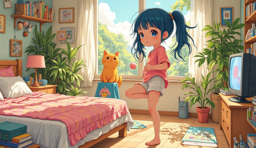 short cut,bags under eyes, written by hand,(superflat, flat shading, flat color), masterpiece, best quality, bedroom, 1girl, 10yo loli, petite, t-shirt, white panties, bare feet, fight pose, kick, serious, wooden floor, cat sitting on TV, TV in background, morning, summer, warm, green plants, sunlight, vibrant colors, watercolor, 