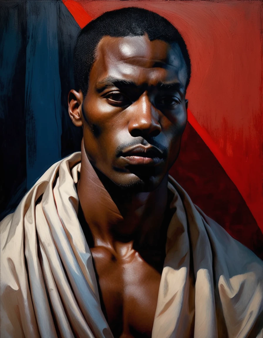 chiaroscuro technique on sensual illustration of an african american man and silky drapes, a thick textured oil painting, impasto brushstrokes, dry brushing,revealing underlayers, abstract landscape, moody lighting, dramatic shadows, muted earthy colors, vibrant colors, highly detailed, masterpiece,, thick oil painting by Harumi Hironaka, extremely soft colors, vibrant, highly detailed, malcolm liepke painting, oil on canvas, high contrast, dramatic, refined, tonal, Create high contrast between light and shadow fire around, there is a red circle on a blue and red square, inspired by Bauhaus, in a shapes background, brown red blue, circle forms, red blue, by Leon Polk Smith, memphis abstract minimal art, graphic shapes, minimal art, blue and red, minimal art style, bauhaus art, inspired by El Lissitzky, bold simple shapes