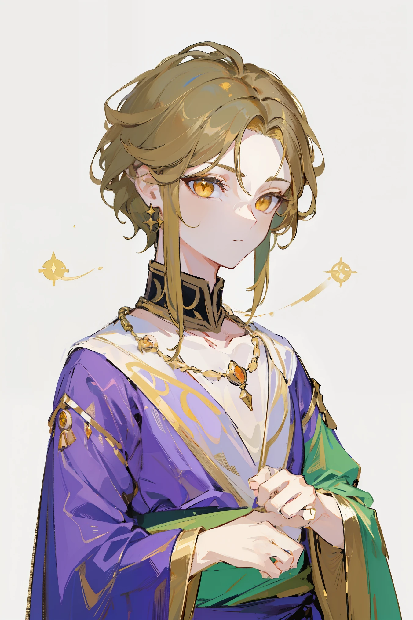 ( designed by nty :1.4),((Above the waist)), ( portrait of a boy's upper body ),(( golden eyes :1.3)), ((look up)), (( lazily looking at the audience )), Lazy,  best quality on the tree,masterpiece,Ridiculous,Super Resolution,(Male characteristics), (((Solitary:1.3))), ((Solitary)), Green short hair,  purple flower jewelry ,  has a purple facial line in the middle of the forehead,(( golden eyes :1.3)), handsome, ((Powerful, muscle:1.2)),( purple lilac flower ),(( moss-covered stone carving , gravel)), (((Solitary))), Color Matching， clear facial features ,  clear line design , ((Clean background,  white background )), Seated figure , ((Flat Color)), (masterpiece，high quality， best quality on the tree，Ultra-high resolution), ((Exquisite facial features， clear facial features ，Beautiful eyes，Pretty Face)) ,(32K Wallpaper),