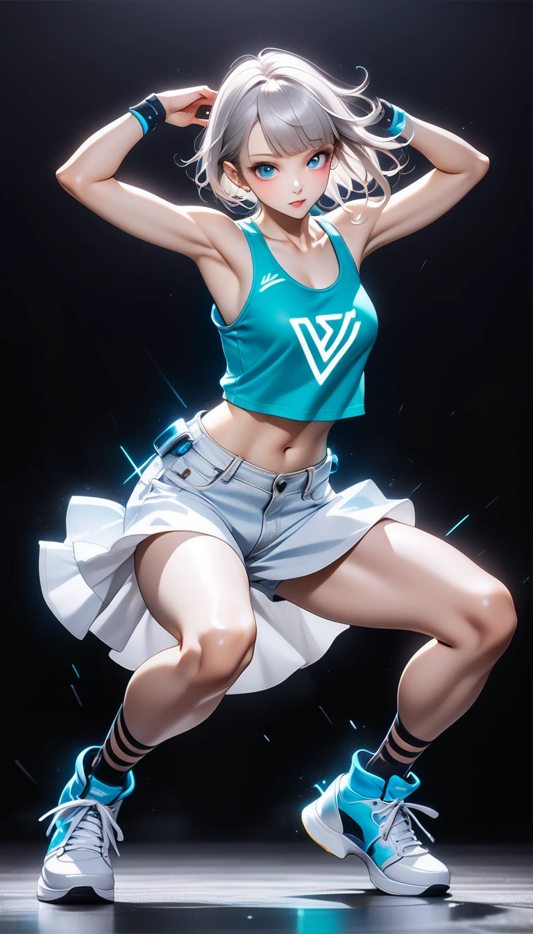 (absurdres), [standing, upper body, close-up of girl:0.4], slim body, perfect body, mini skirt, high neck sports bra, gradient background, anime character, (cute girl:1.1), pose, standing on one leg