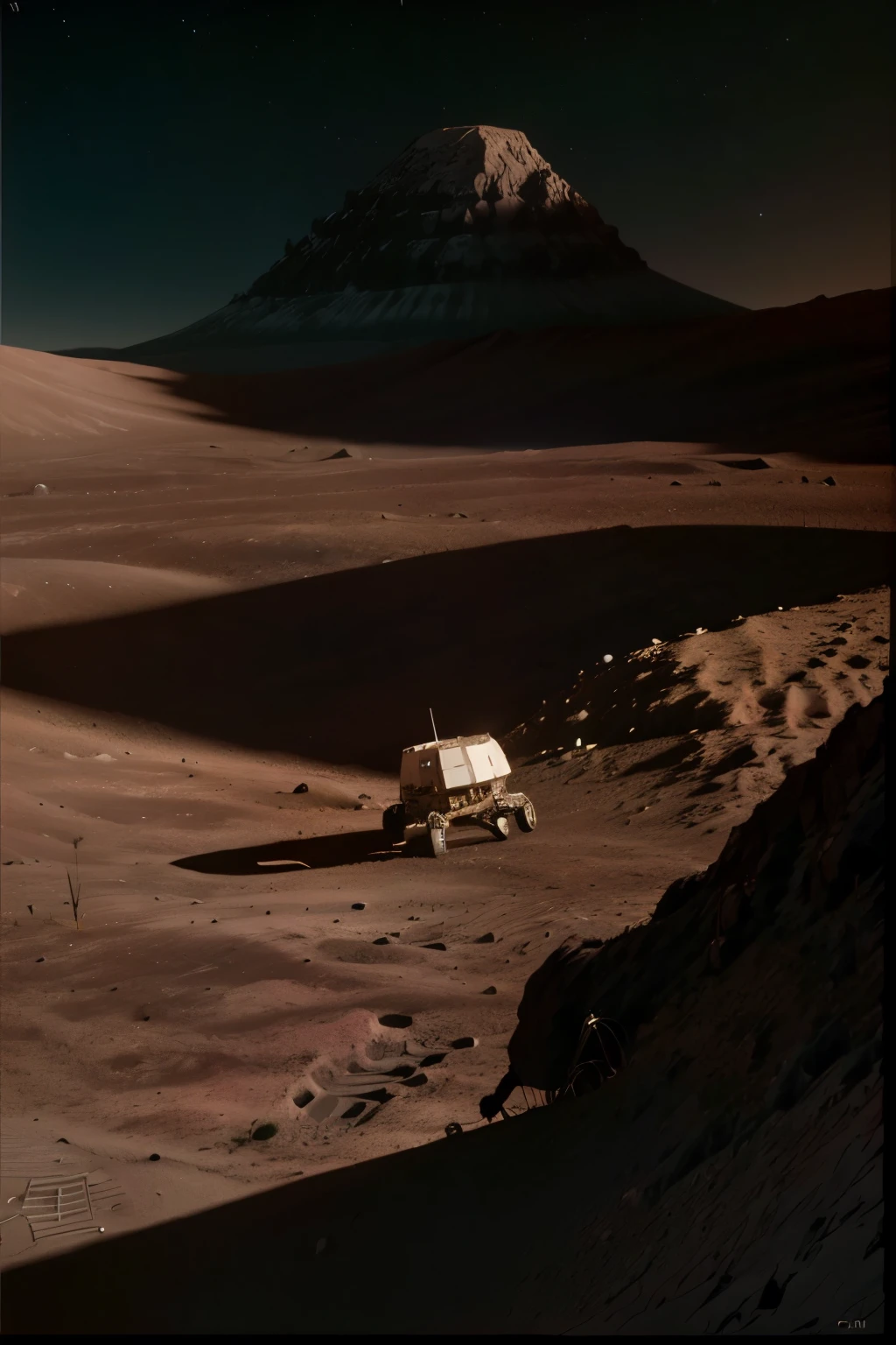 a lunar module landing on the surface of the moon, highly detailed 8k, photorealistic, cinematic lighting, dramatic, epic scale, realistic space shuttle, lunar rover, astronaut walking on the moon, American flag, craters, rocky terrain, Earth visible in the background, dramatic shadows, vivid colors
