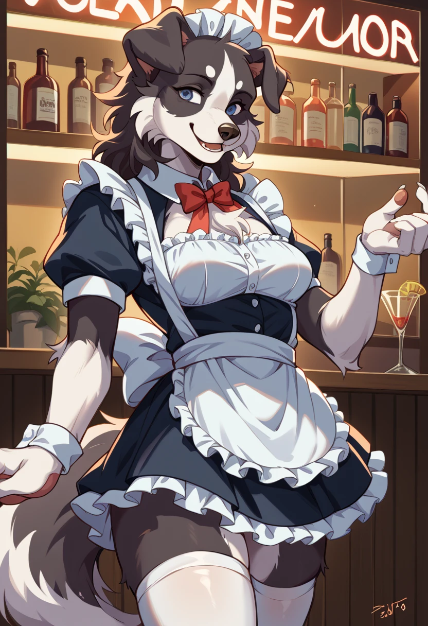 (master piece: 1.1), by sususuigi, White background, furry, wearing Blue bunny suit, Zipper or button closure down the front, Long sleeves with elastic cuffs, Pants with elastic cuffs, dog ears, furry female, colored skin, animal nose, big breasts, body fur, snout, white fur, two-tone fur, 1girl, bunny ears headband, white skin, grey skin, blue eyes, tail, side ponytail, bar, playboy bunny, grey fur, tray, multicolored skin, black hair, two-tone skin, red bow, bare shoulders, braid, solo, large breasts, strapless, wolf girl, looking at viewer, thighs, dynamic pose, dynamic angle