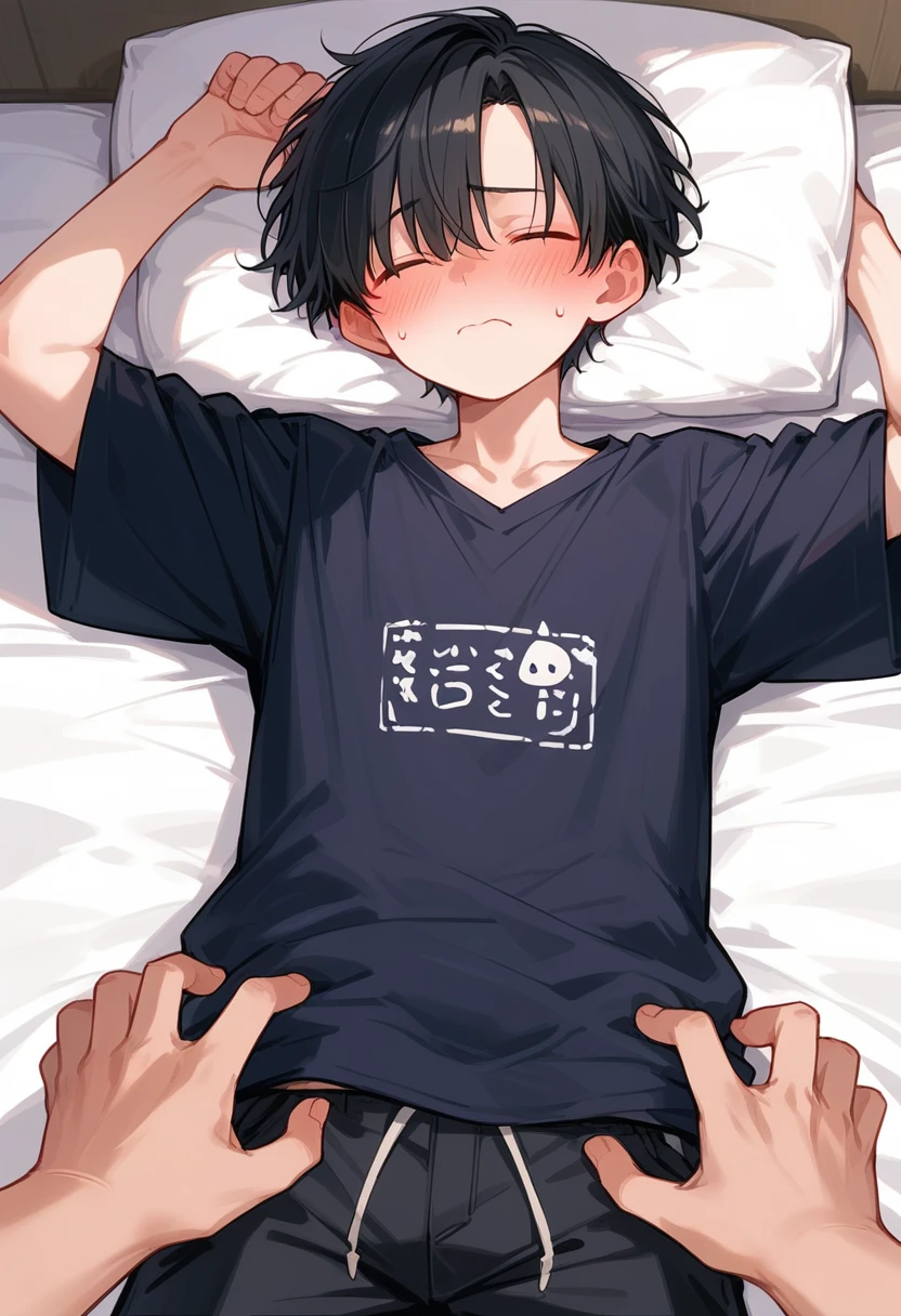 "A manga-style image of a boy character lying on a bed, wearing a t-shirt with a glowing light from a phone placed face down on his chest. The character is covering his face and looks like he's crying. The background is dark and simple."