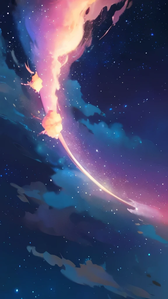 a painting of a crescent and stars in the sky, pixel art by Eva Frankfurther, tumblr, space art, dreamy night, detailed dreamscape, fluffy pink anime clouds, space clouds, anime clouds, anime background, beautiful iphone wallpaper, dreamy clouds, background art, aesthetic clouds in the sky, fantasy puffy sky, anime background art, wallpaper aesthetic, cosmic sky