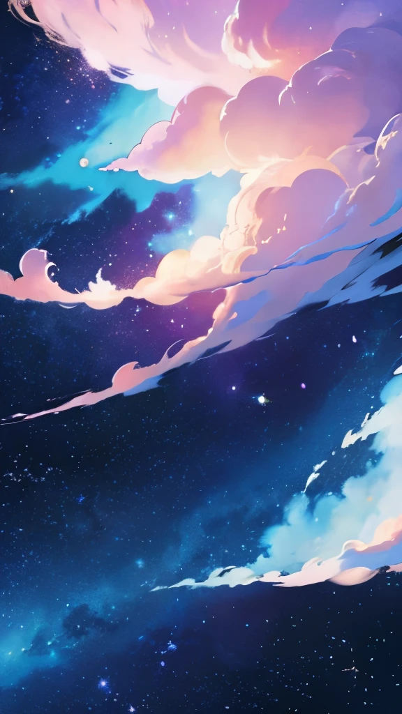 a painting of a crescent and stars in the sky, pixel art by Eva Frankfurther, tumblr, space art, dreamy night, detailed dreamscape, fluffy pink anime clouds, space clouds, anime clouds, anime background, beautiful iphone wallpaper, dreamy clouds, background art, aesthetic clouds in the sky, fantasy puffy sky, anime background art, wallpaper aesthetic, cosmic sky