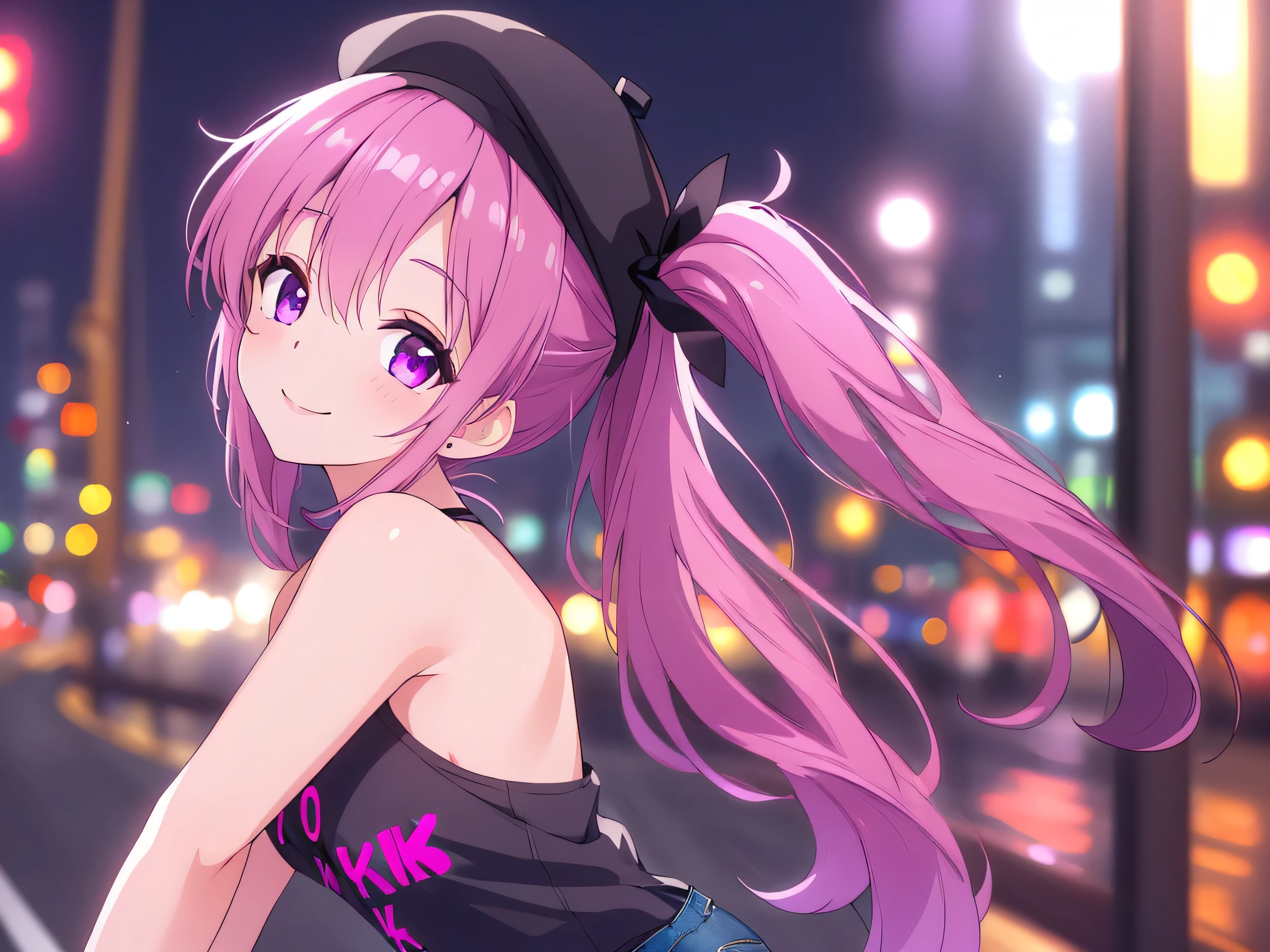 ((8k, Highest quality, masterpiece: 1.3)),Ultra-high resolution,(1 girl, alone), Highly detailed dark purple eyes, Highly detailed face, from side, closed mouth, smile, head tilt, midnight
pink short twintails, black cap, white tanktop, very short denim, highway in midnight, breast, blurry background, orange road lights