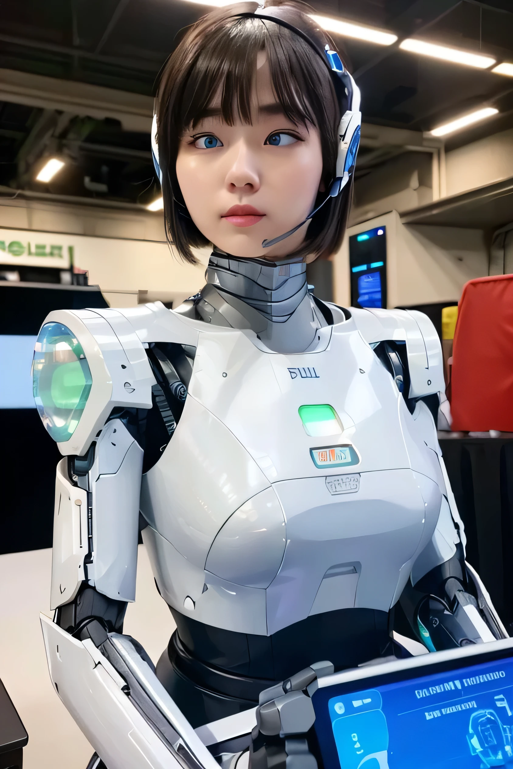 masterpiece, best quality, extremely detailed, Japaese android girl,Plump ,control panels,android,Droid,Mechanical Hand, Robot arms and legs,Blunt bangs,perfect robot girl,white robot body,mechanical neck,long tube,thick cable connected her neck,android,robot,humanoid,cyborg,japanese cyborg girl ,robot-assembly plant,She has assembled now,assembly scene,chest monitor,blue eyes, operator,wearing high-tech headset
