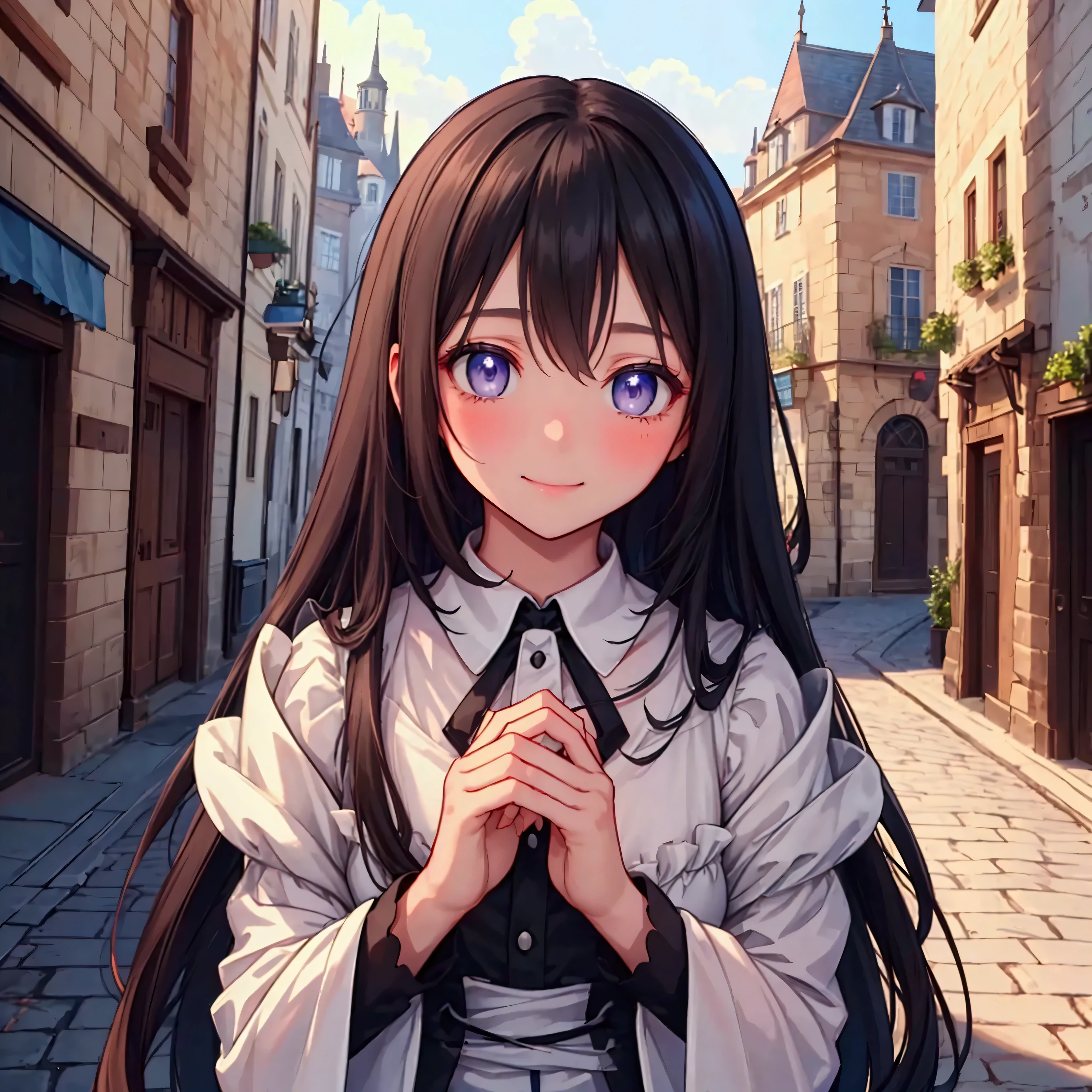 A slender woman with long, flowing black hair, standing at 160 cm tall, weighing 45 kg, with a petite chest. Her eyes are a soft, pale blue, and she wears a gentle smile, giving her a mysterious and ethereal aura. She stands in a medieval European town, surrounded by cobblestone streets and old-world architecture. Her hands are empty, resting naturally at her sides. The scene is captured from a wide perspective, showcasing the town’s charm in the background, with ethereal lighting and a depth of field effect. The cinematic lighting and subtle film grain evoke a vintage atmosphere, with soft colors blending blues, purples, and silvery tones. The image is rendered in ultra-high quality, capturing every fine detail with stunning clarity in UHD, retina, and 4K resolution.