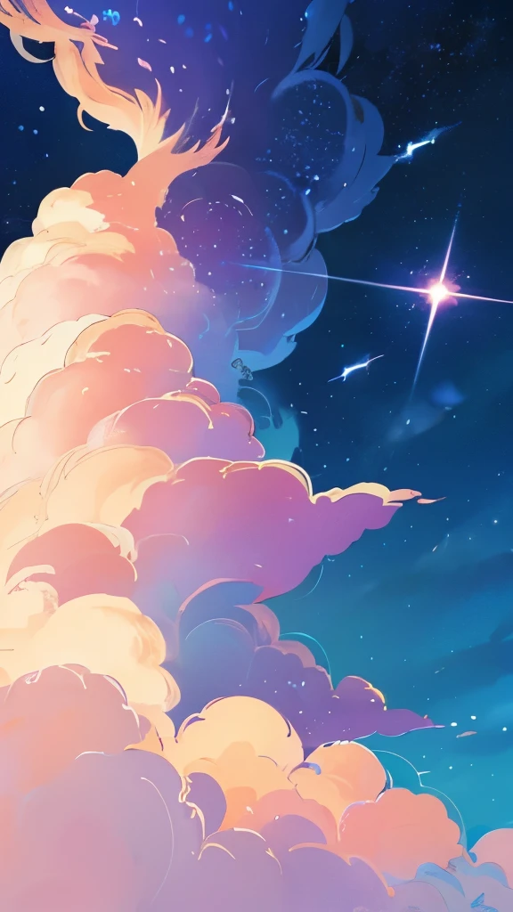 a painting of a crescent and stars in the sky, pixel art by Eva Frankfurther, tumblr, space art, dreamy night, detailed dreamscape, fluffy pink anime clouds, space clouds, anime clouds, anime background, beautiful iphone wallpaper, dreamy clouds, background art, aesthetic clouds in the sky, fantasy puffy sky, anime background art, wallpaper aesthetic, cosmic sky