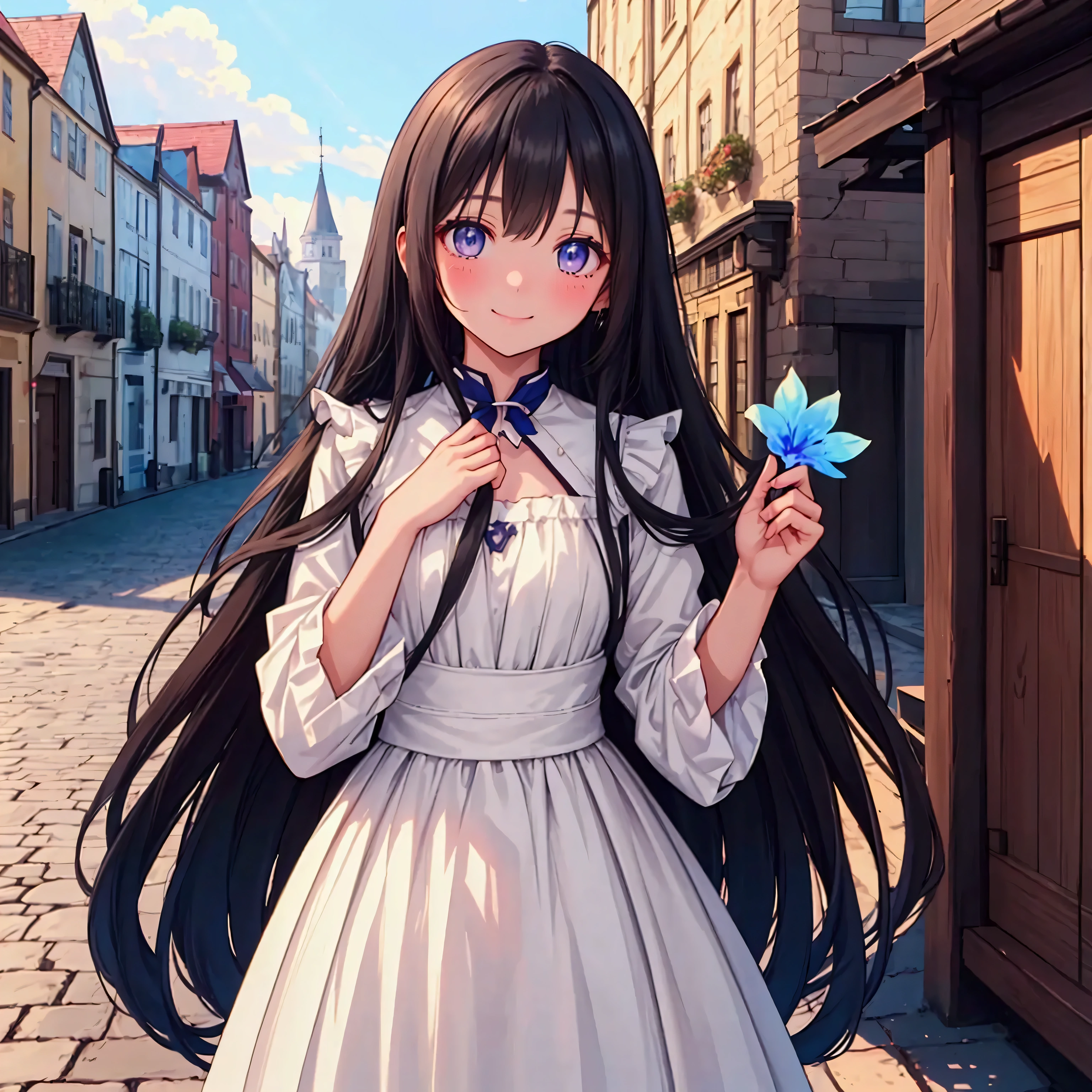 A slender woman with long, flowing black hair, standing at 160 cm tall, weighing 45 kg, with a petite chest. Her eyes are a soft, pale blue, and she wears a gentle smile, giving her a mysterious and ethereal aura. She stands in a medieval European town, surrounded by cobblestone streets and old-world architecture. Her hands are empty, resting naturally at her sides. The scene is captured from a wide perspective, showcasing the town’s charm in the background, with ethereal lighting and a depth of field effect. The cinematic lighting and subtle film grain evoke a vintage atmosphere, with soft colors blending blues, purples, and silvery tones. The image is rendered in ultra-high quality, capturing every fine detail with stunning clarity in UHD, retina, and 4K resolution.