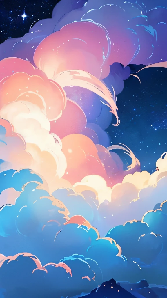 a painting of a crescent and stars in the sky, pixel art by Eva Frankfurther, tumblr, space art, dreamy night, detailed dreamscape, fluffy pink anime clouds, space clouds, anime clouds, anime background, beautiful iphone wallpaper, dreamy clouds, background art, aesthetic clouds in the sky, fantasy puffy sky, anime background art, wallpaper aesthetic, cosmic sky