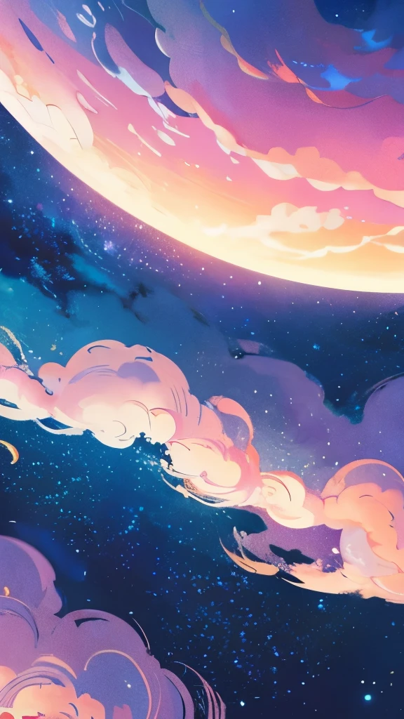 a painting of a crescent and stars in the sky, pixel art by Eva Frankfurther, tumblr, space art, dreamy night, detailed dreamscape, fluffy pink anime clouds, space clouds, anime clouds, anime background, beautiful iphone wallpaper, dreamy clouds, background art, aesthetic clouds in the sky, fantasy puffy sky, anime background art, wallpaper aesthetic, cosmic sky