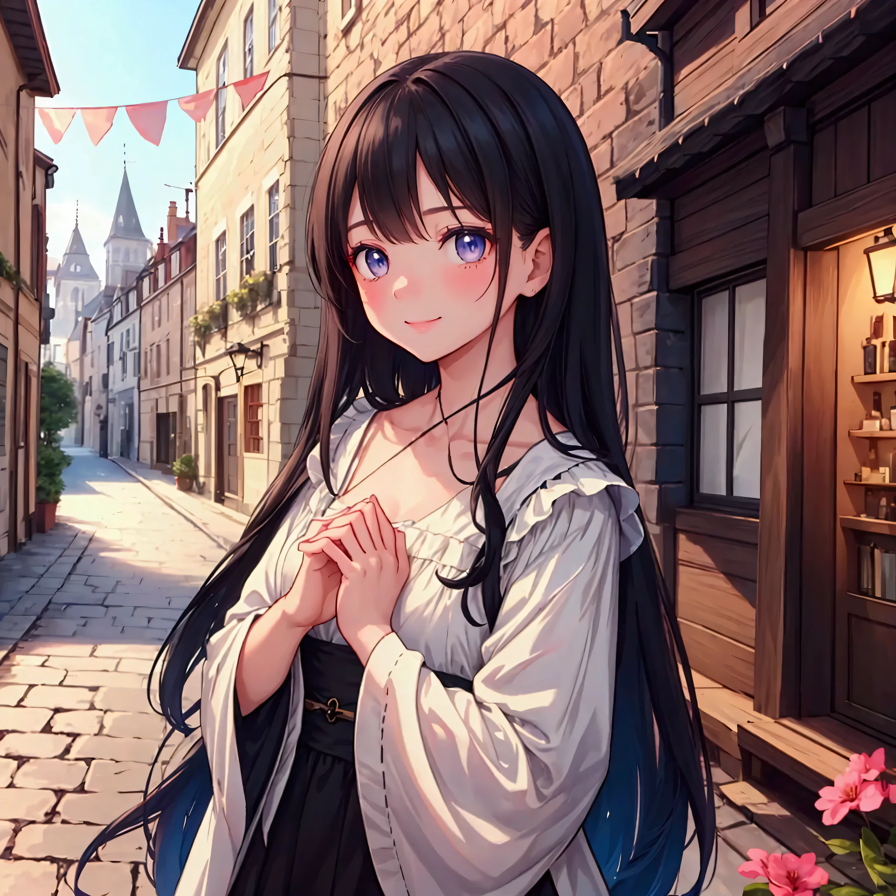 A slender woman with long, flowing black hair, standing at 160 cm tall, weighing 45 kg, with a petite chest. Her eyes are a soft, pale blue, and she wears a gentle smile, giving her a mysterious and ethereal aura. She is walking through a medieval European town, surrounded by cobblestone streets and old-world architecture. She is captured in the moment of turning back to look over her shoulder, with her hands resting naturally at her sides. The scene is portrayed from a wide perspective, showcasing the charming townscape in the background, enhanced by ethereal lighting and a depth of field effect. The cinematic lighting and subtle film grain evoke a vintage atmosphere, with soft colors blending blues, purples, and silvery tones. The image is rendered in ultra-high quality, capturing every fine detail with stunning clarity in UHD, retina, and 4K resolution.