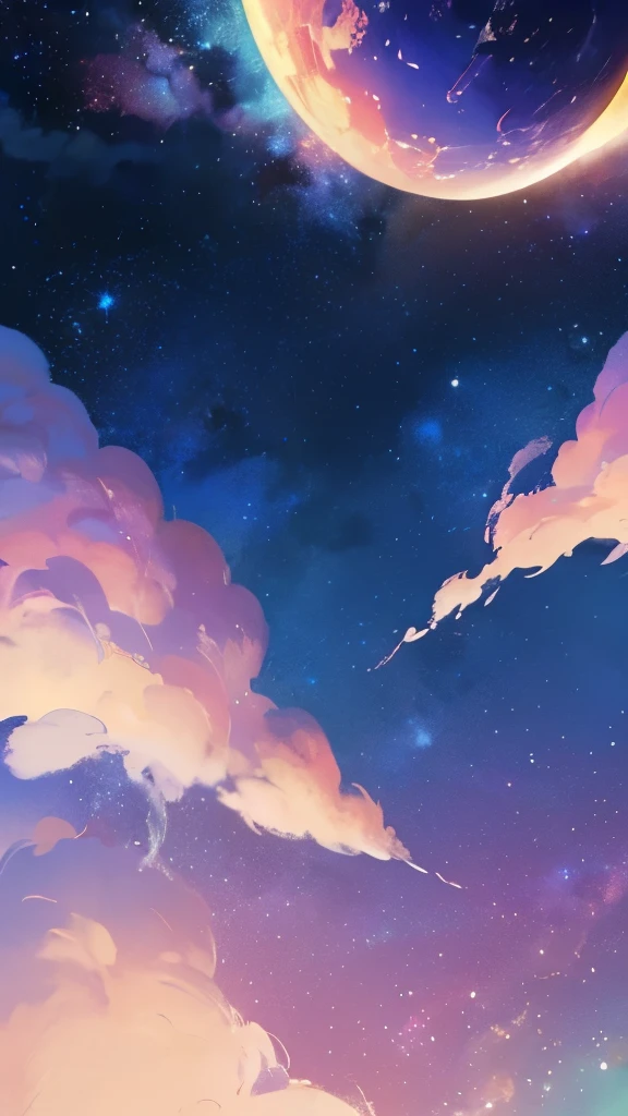 a painting of a crescent and stars in the sky, pixel art by Eva Frankfurther, tumblr, space art, dreamy night, detailed dreamscape, fluffy pink anime clouds, space clouds, anime clouds, anime background, beautiful iphone wallpaper, dreamy clouds, background art, aesthetic clouds in the sky, fantasy puffy sky, anime background art, wallpaper aesthetic, cosmic sky